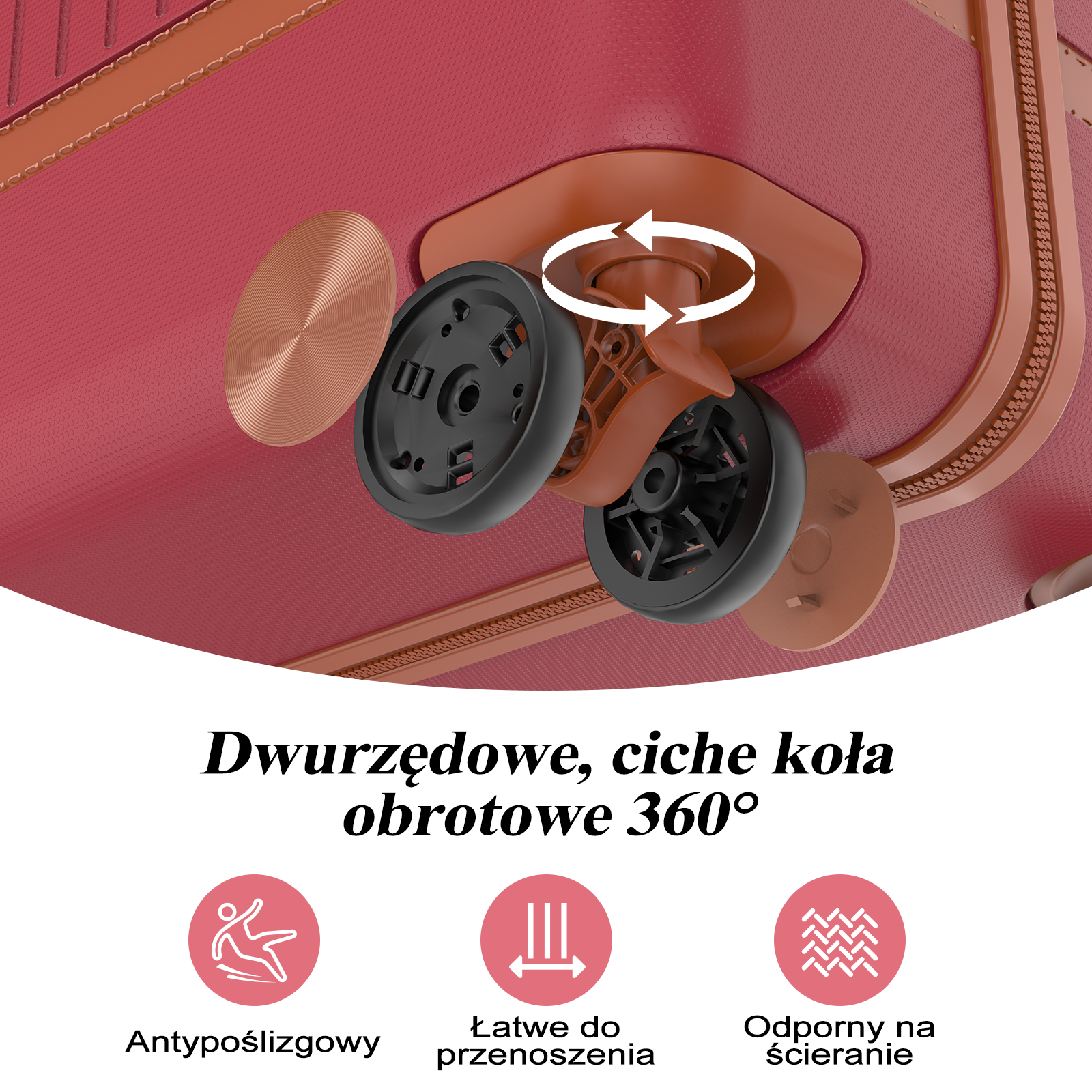 Zbliżenie czerwonej walizki pokazujące obracające się koła i tekst.