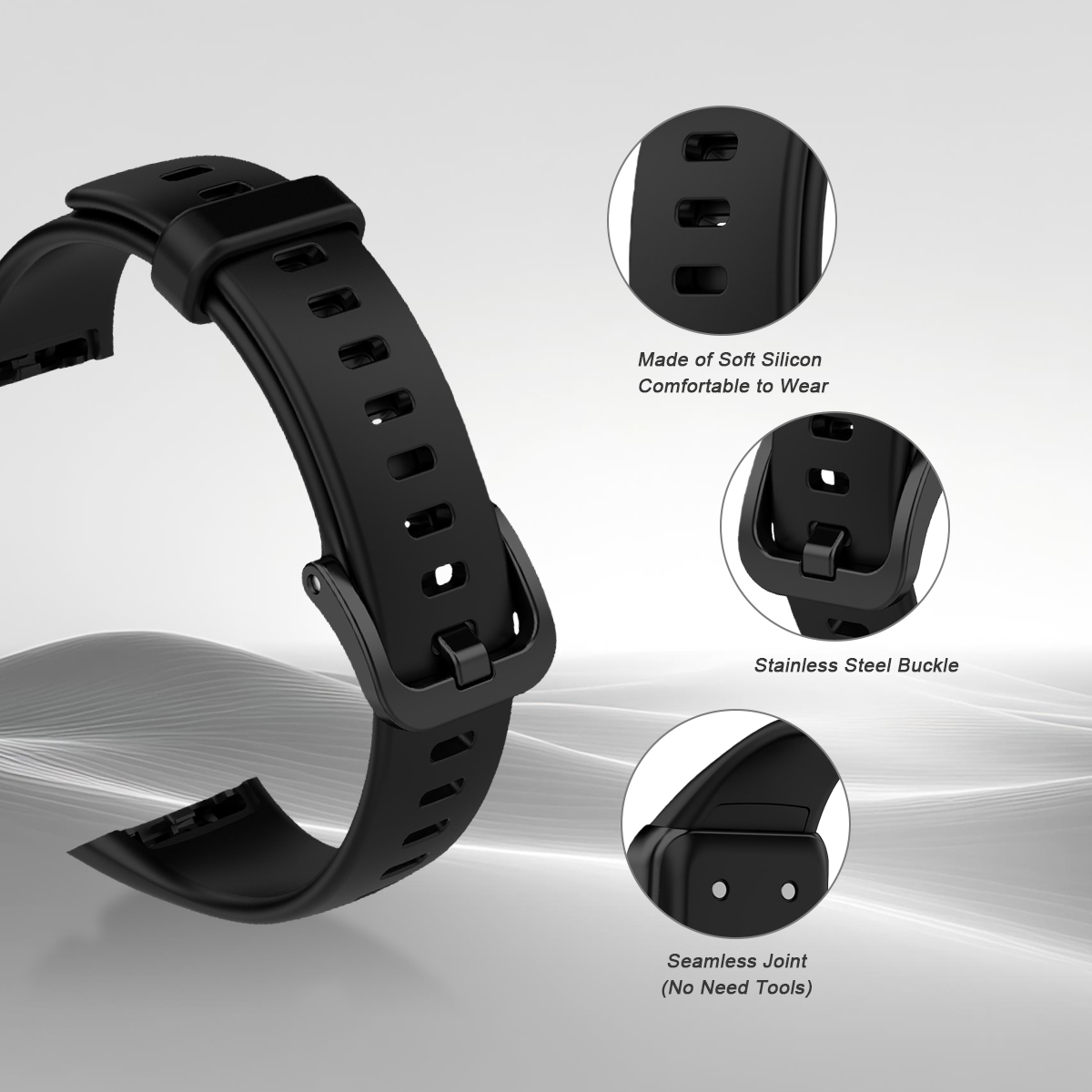 Cinturino in silicone nero con fibbia in metallo e giunzione senza cuciture.