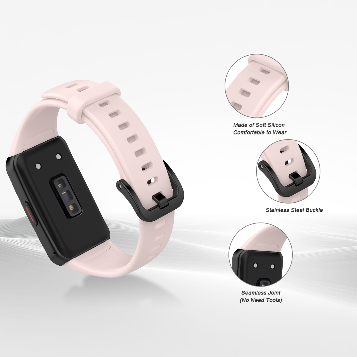Ein hellrosa Fitness-Tracker mit schwarzer Schnalle und Bildschirm. Nahaufnahmen zeigen Soft-Silikon, Schnalle und nahtlose Verbindung.
