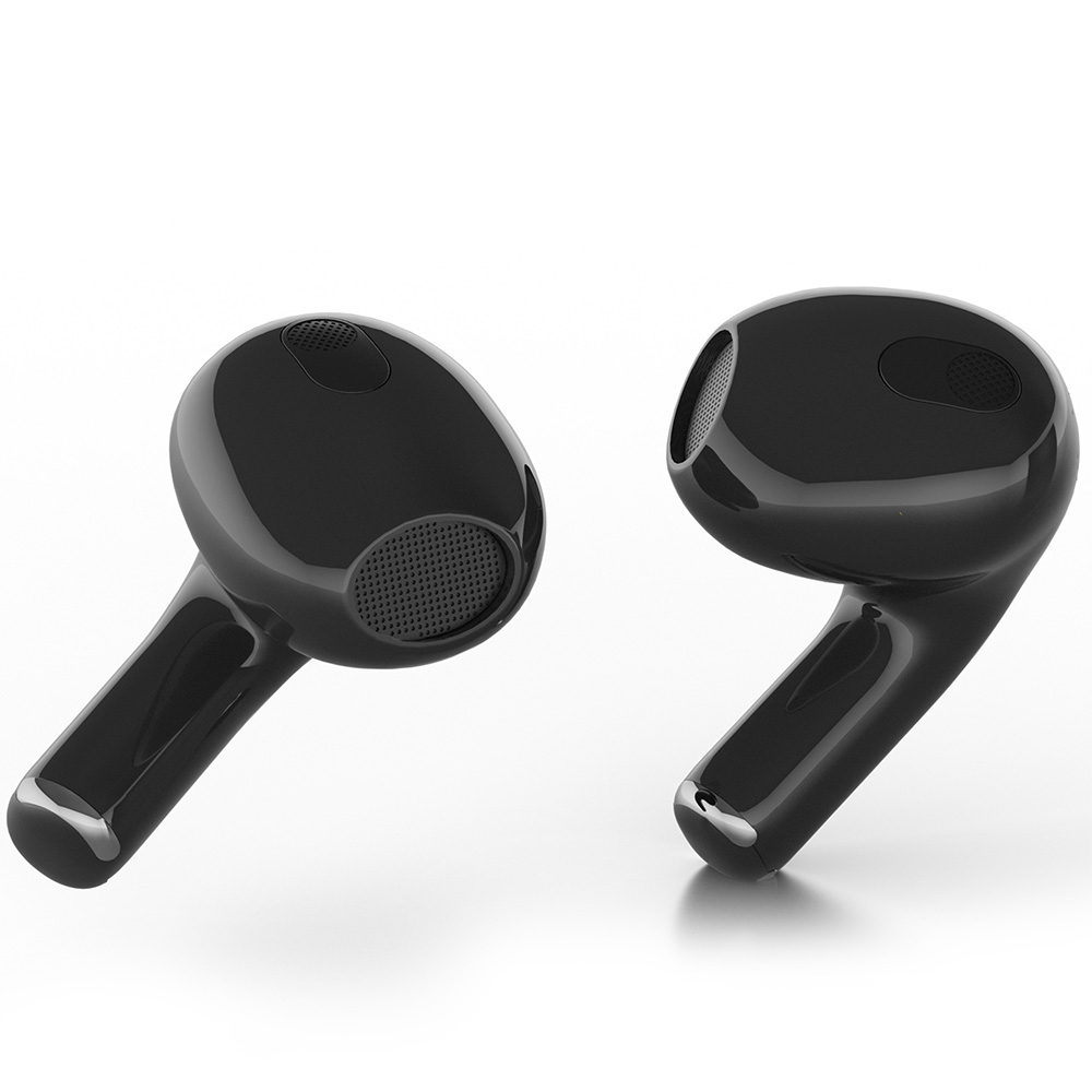 Dwa błyszczące czarne bezprzewodowe słuchawki na białym tle.