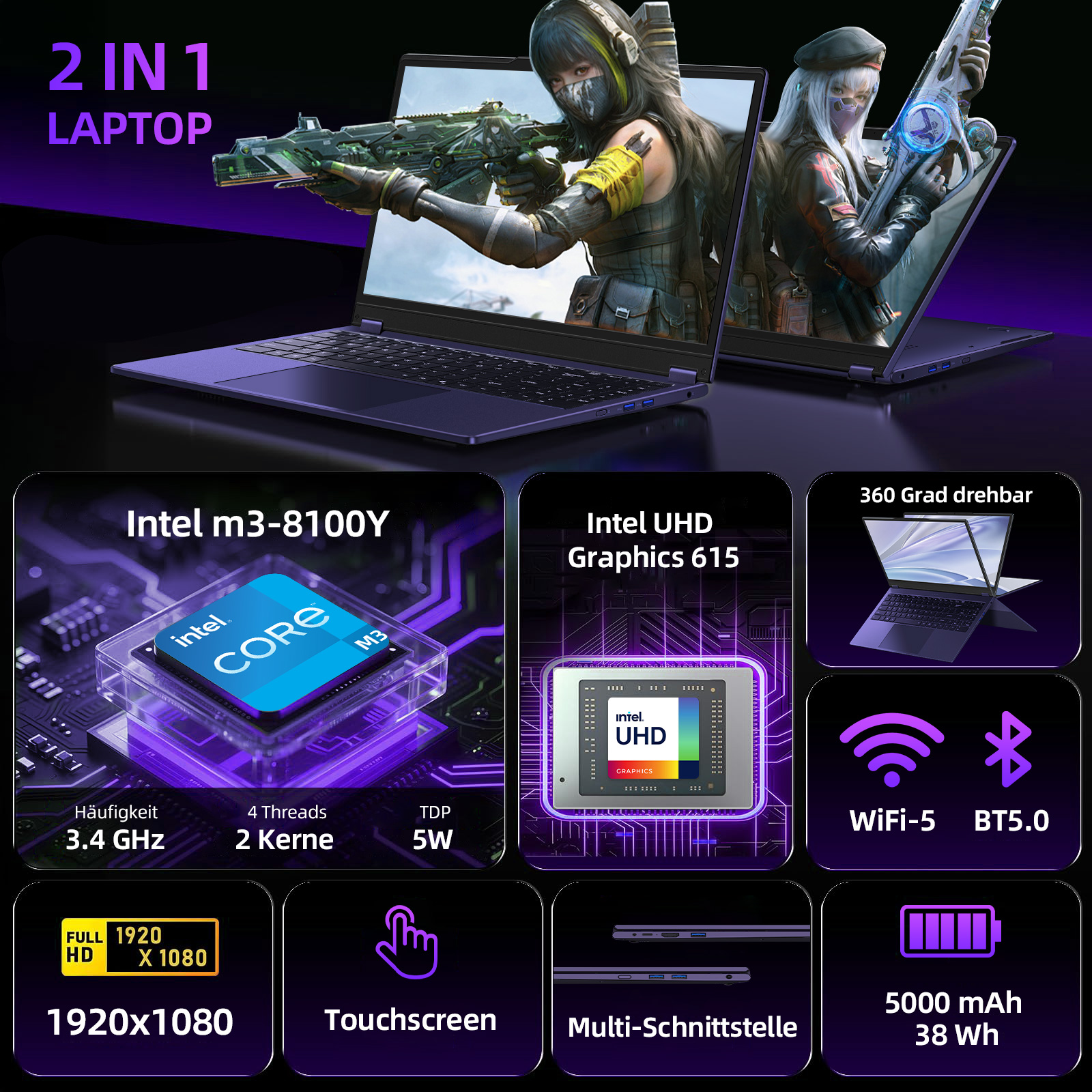 2-in-1-Laptop mit Intel Core M3, UHD Graphics 615, 1920x1080 Touchscreen.