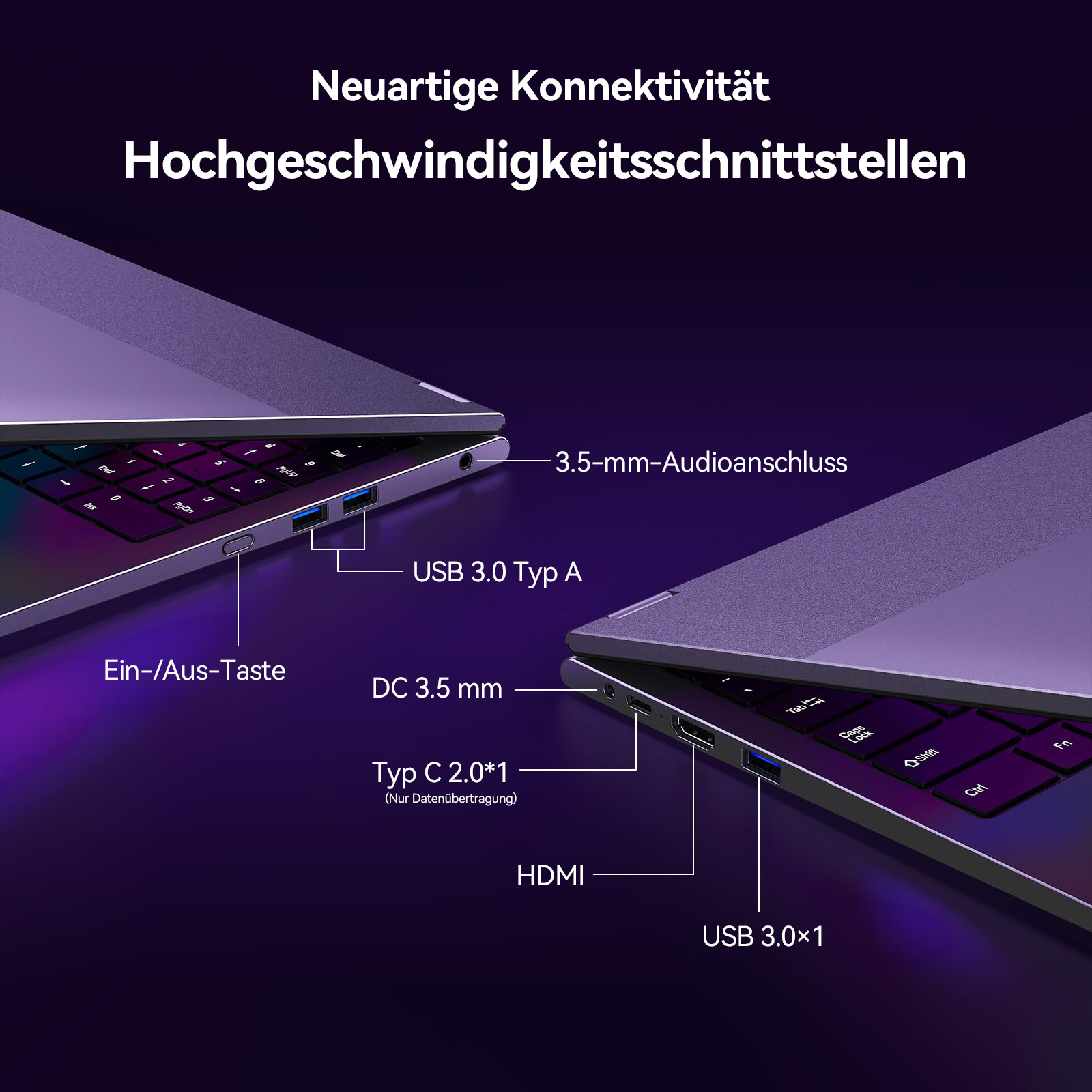 Lila Laptop mit Anschlüssen: USB, HDMI, Audio. Tastatur mit Beschriftung.