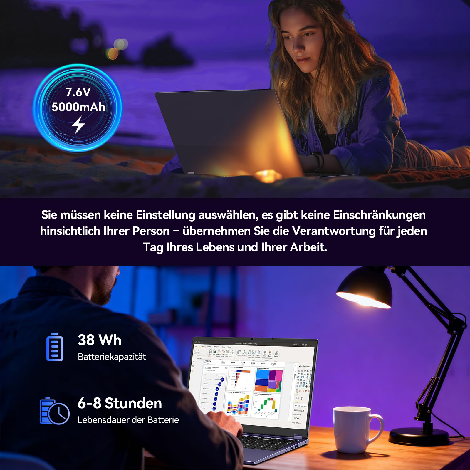 Frau am Strand mit Laptop, Mann am Schreibtisch mit Laptop.