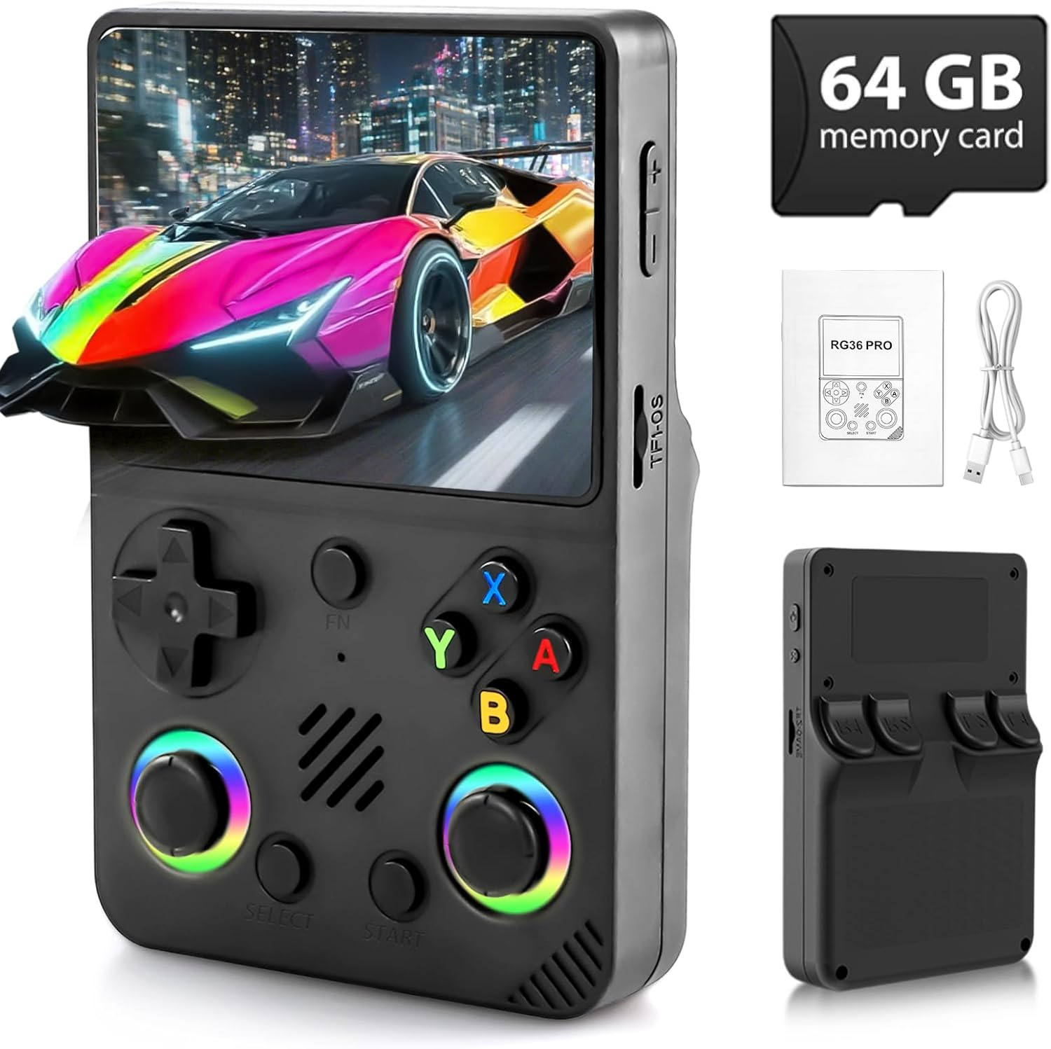 Console di gioco portatile con gioco di auto da corsa colorato sullo schermo e accessori.