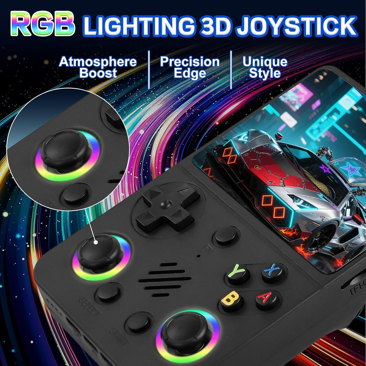 Controller nero con joystick illuminati RGB e schermo di gioco con un'auto.