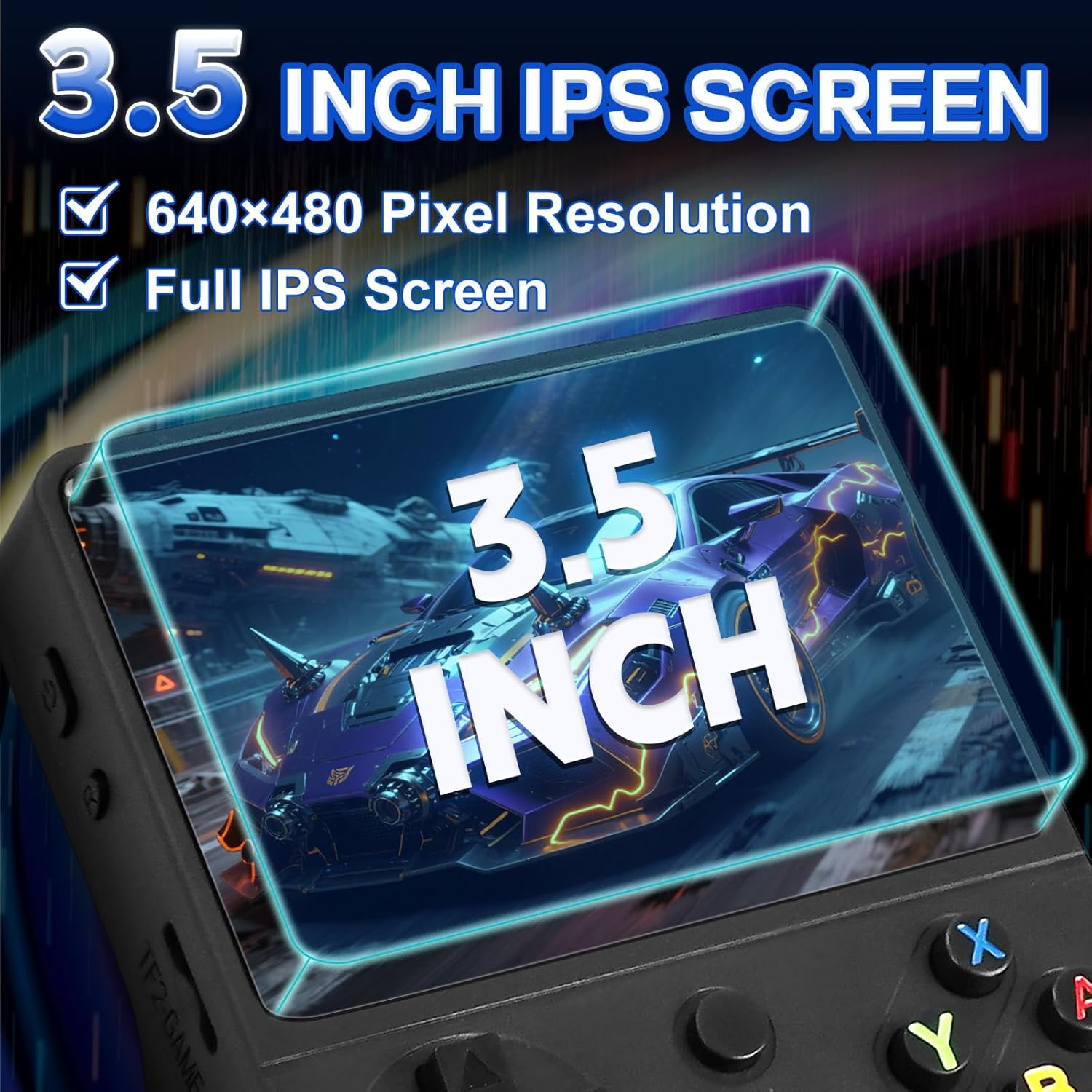 Schermo IPS da 3,5 pollici con risoluzione 640x480 mostra un'auto viola.
