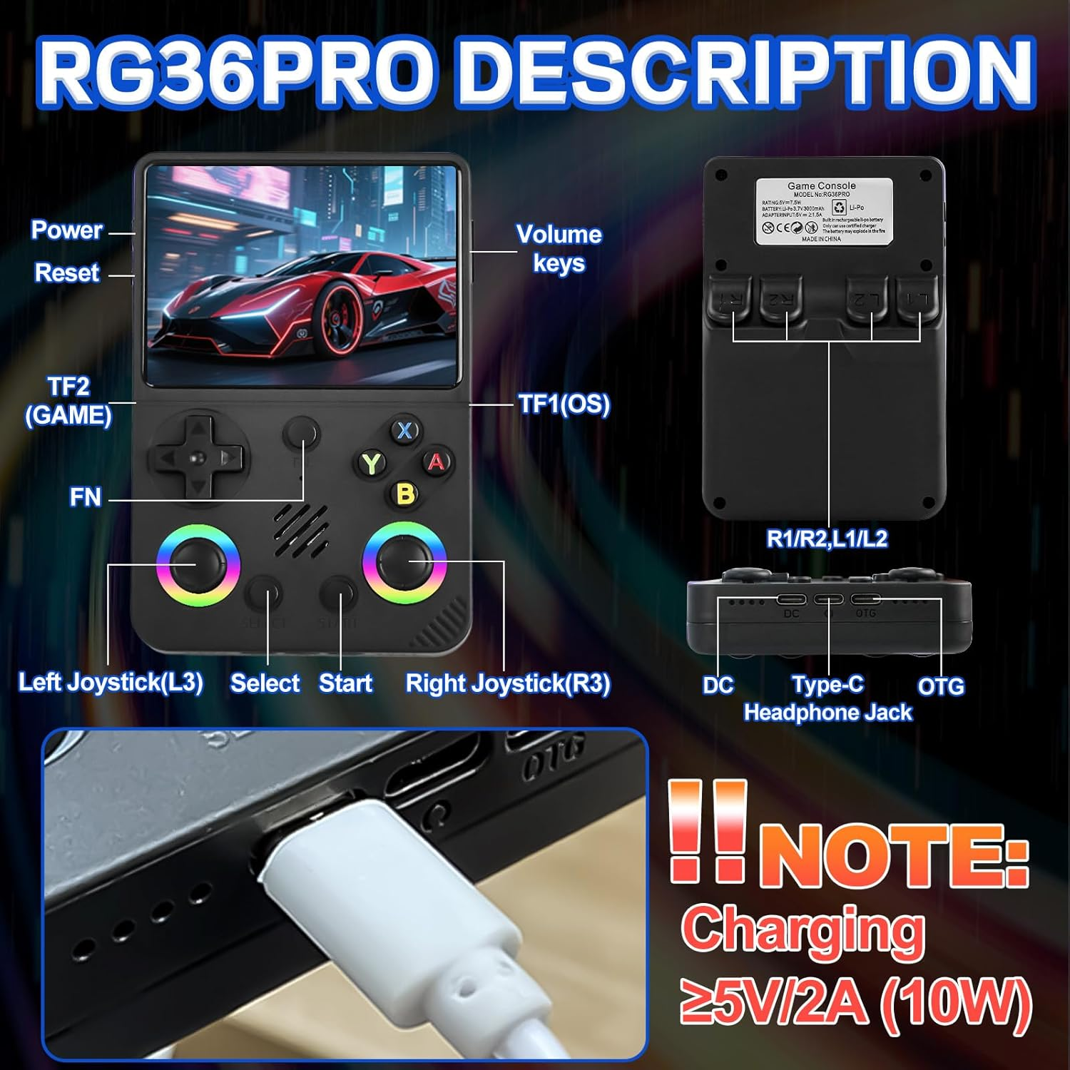 Console di gioco portatile RG36PRO con D-pad, joystick, pulsanti e porta di ricarica.