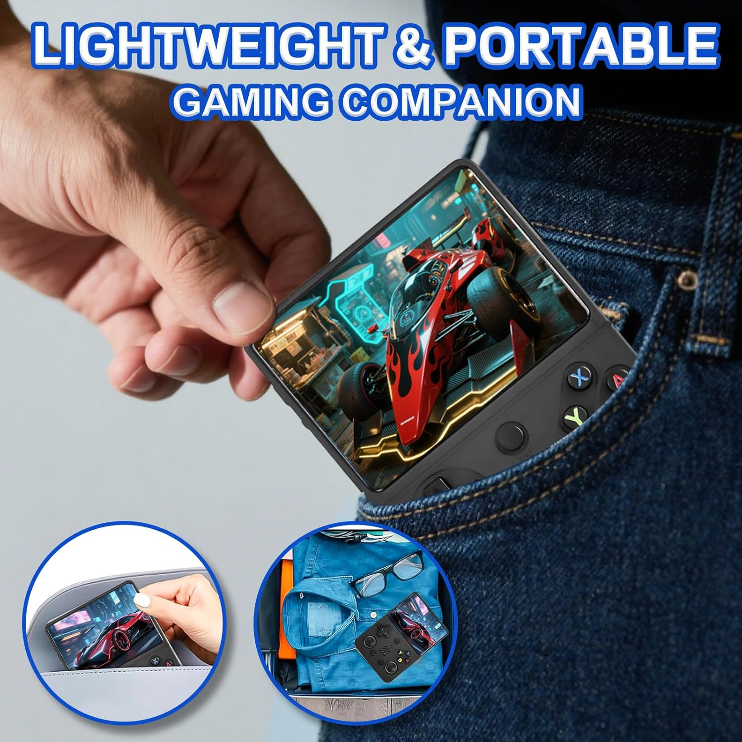 Una mano mette uno smartphone con gioco di corse in una tasca di jeans. Cerchi in basso mostrano telefono in borsa e vestiti.