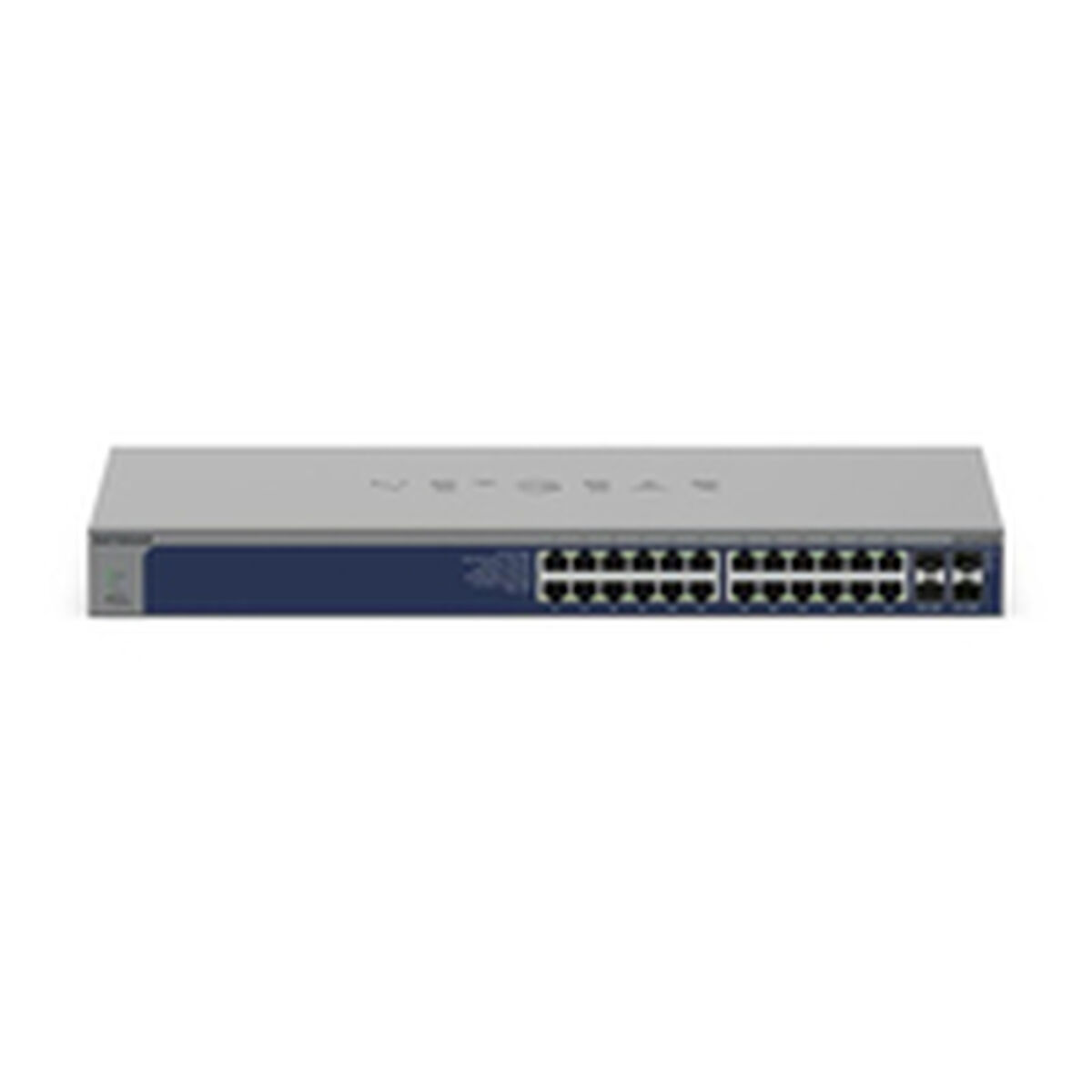 Ein graues und blaues Netzwerk-Switch mit vielen Anschlüssen.