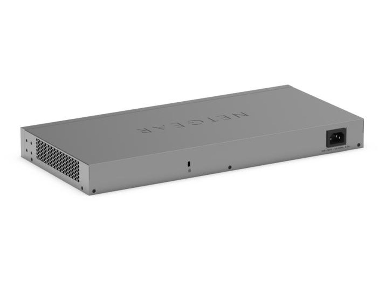 Grauer Netzwerkkabel-Switch mit Netgear-Logo und Netzanschluss.