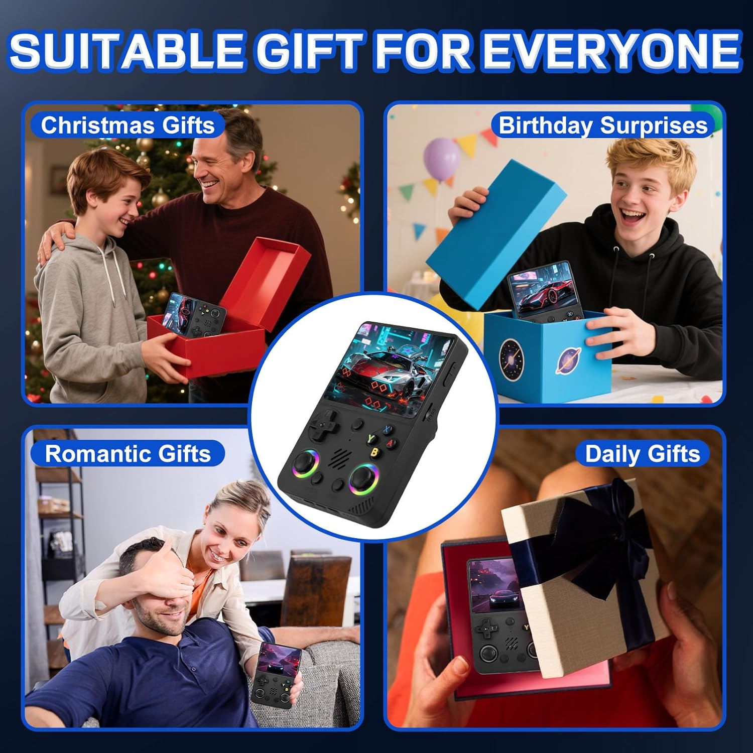 Quattro scene mostrano un regalo per ogni occasione: Natale, compleanno, San Valentino, quotidiano.