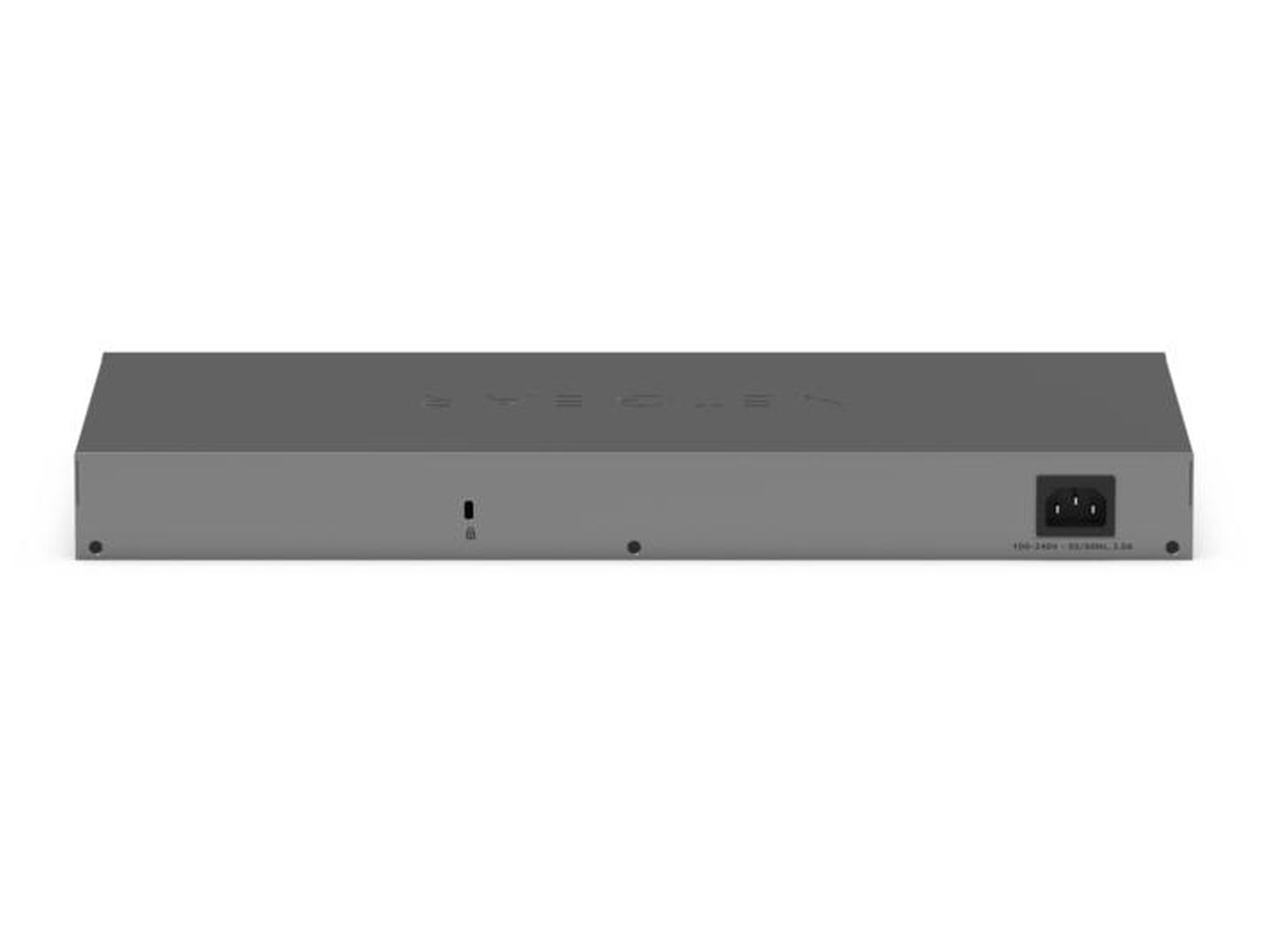 Grauer Netzwerk-Switch mit schwarzem Stromanschluss und Logo.