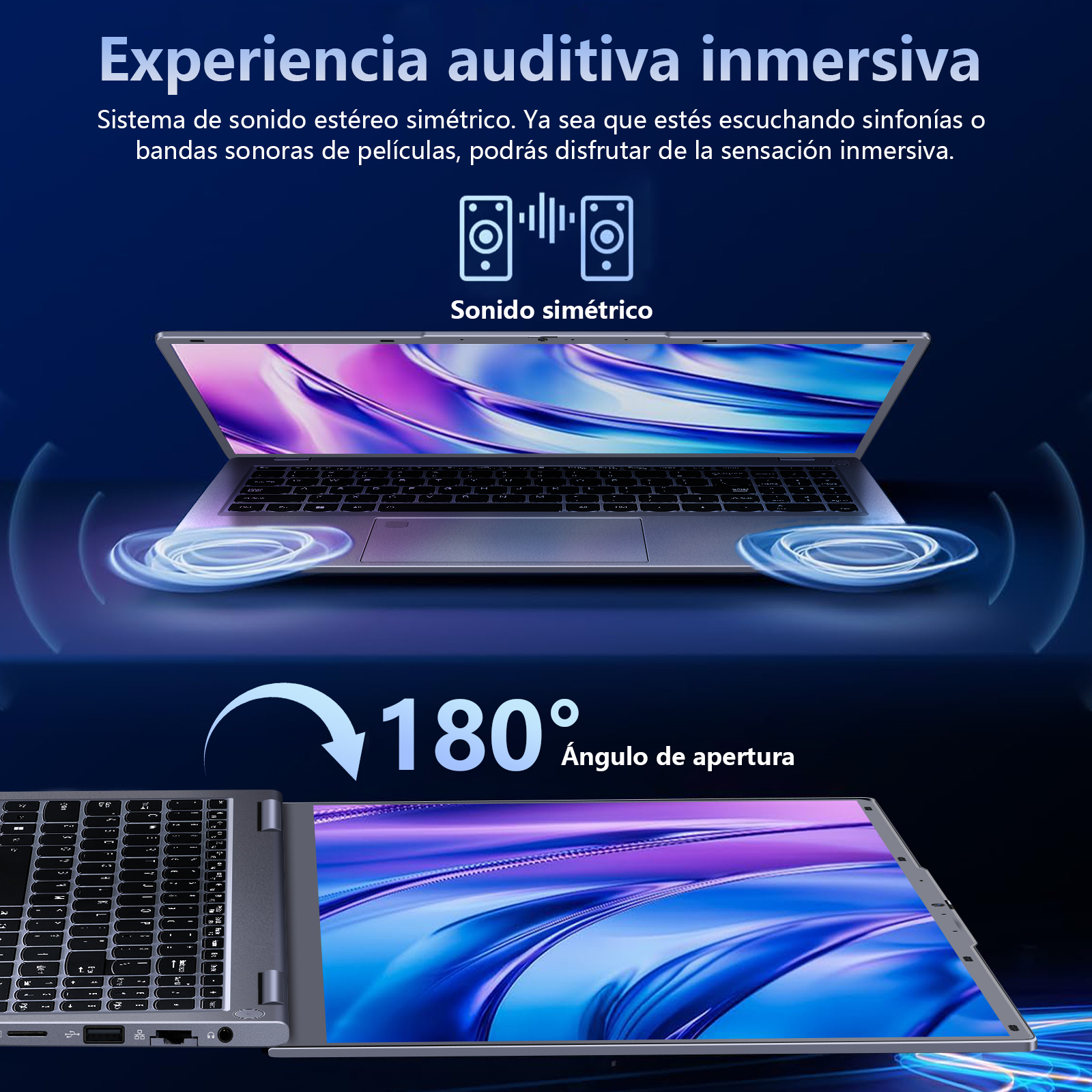 Portátil con apertura de 180 grados y pantalla de sonido estéreo inmersivo.