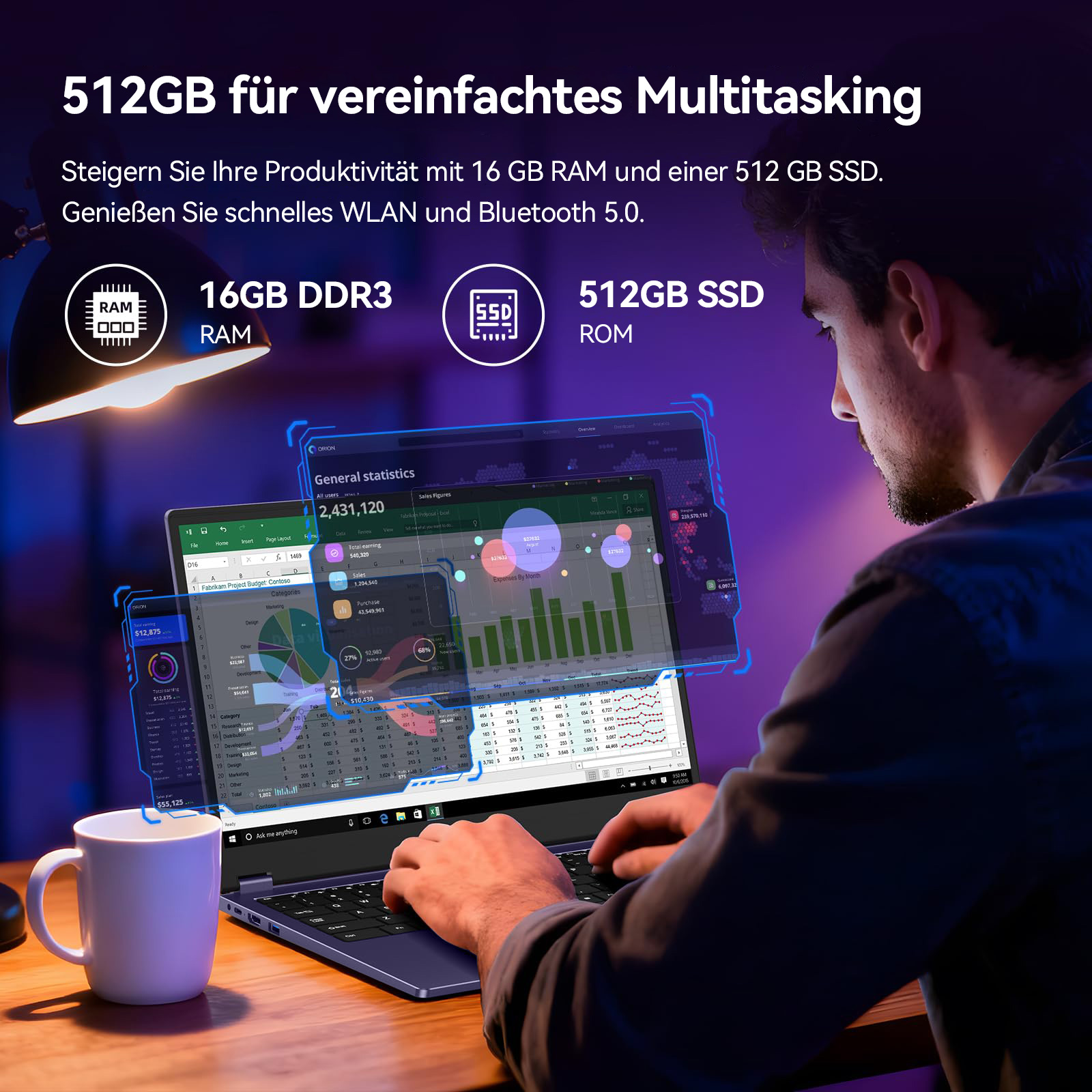 Mann arbeitet am Laptop mit Diagrammen. 16GB RAM, 512GB SSD.