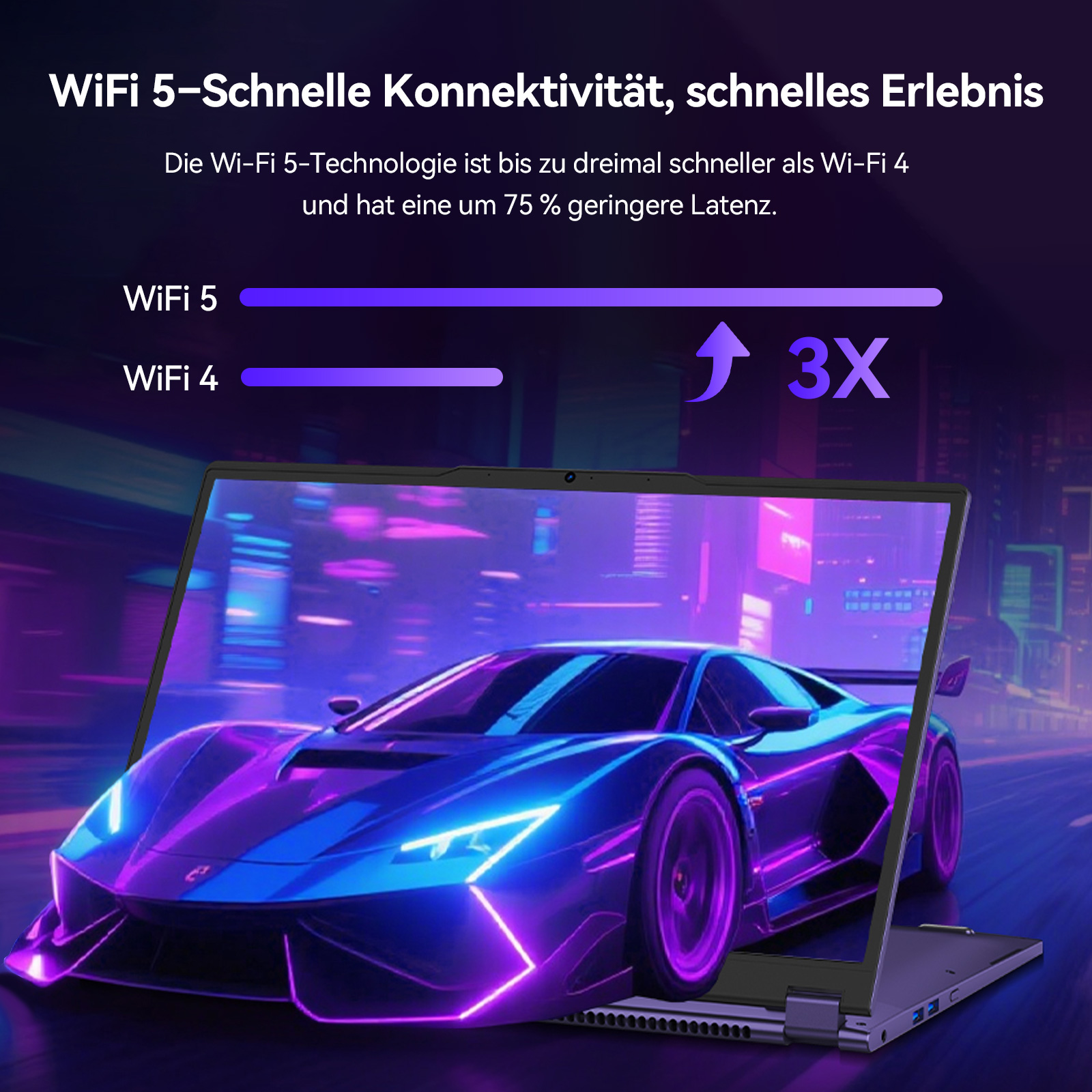 Ein futuristisches Auto auf einem Bildschirm, 3x schneller.