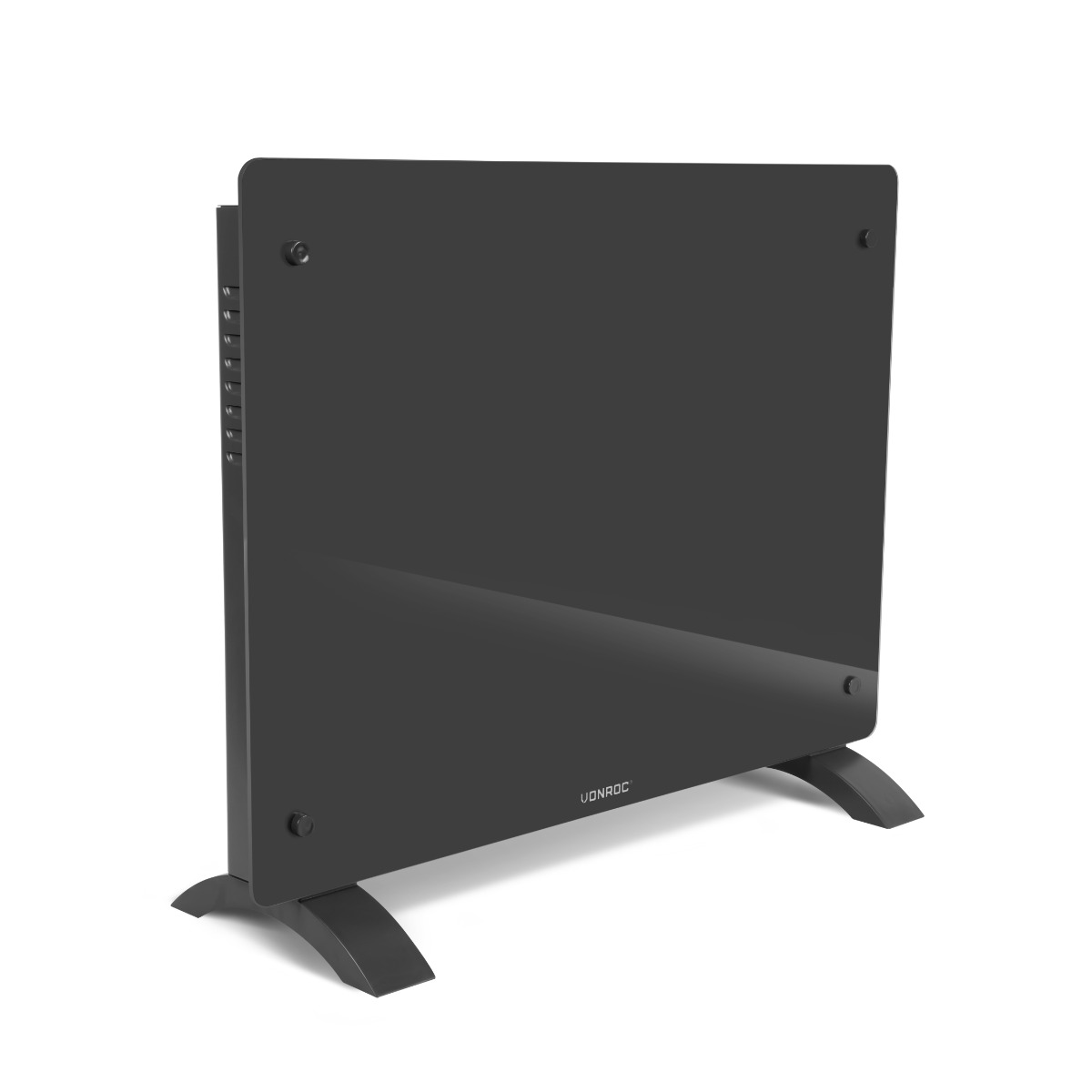A sleek, black electric heater with a glass front and two stands.