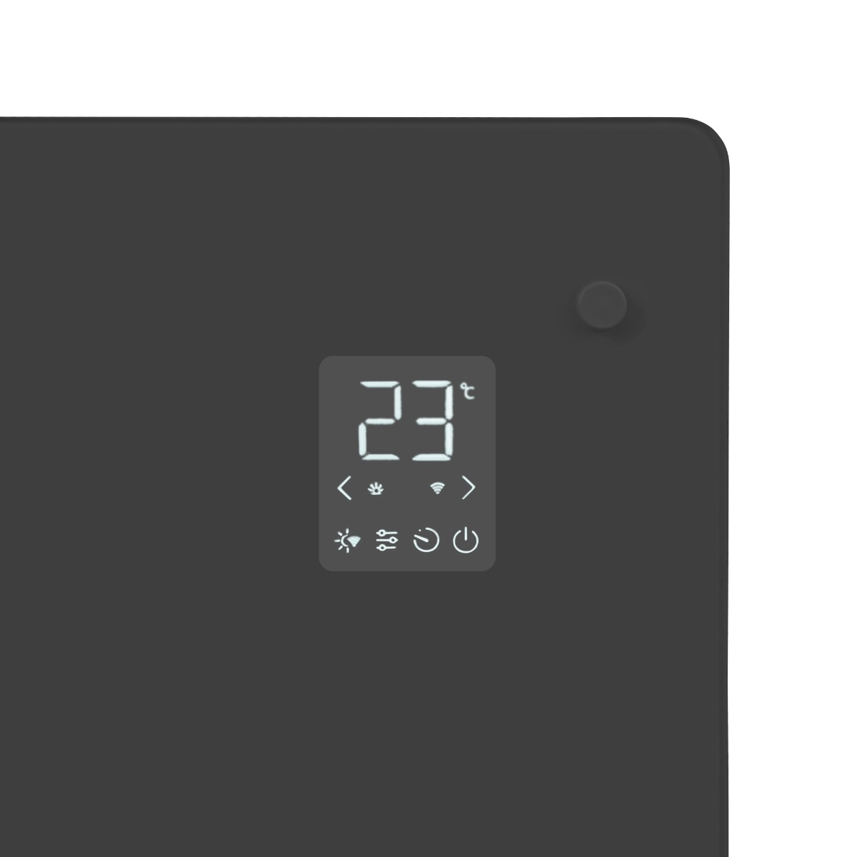 A digital display shows 23°C and icons for light, fan, WiFi, and power.
