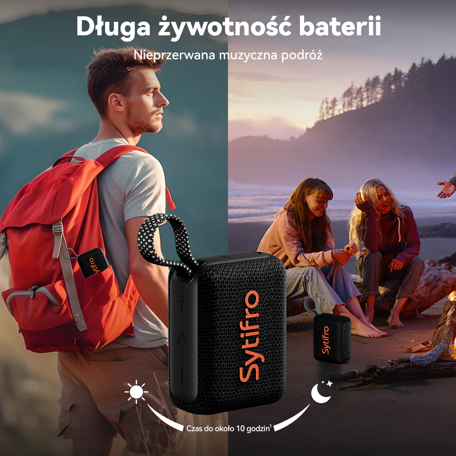 Mężczyzna z plecakiem obok głośnika; kobiety na plaży przy ognisku.