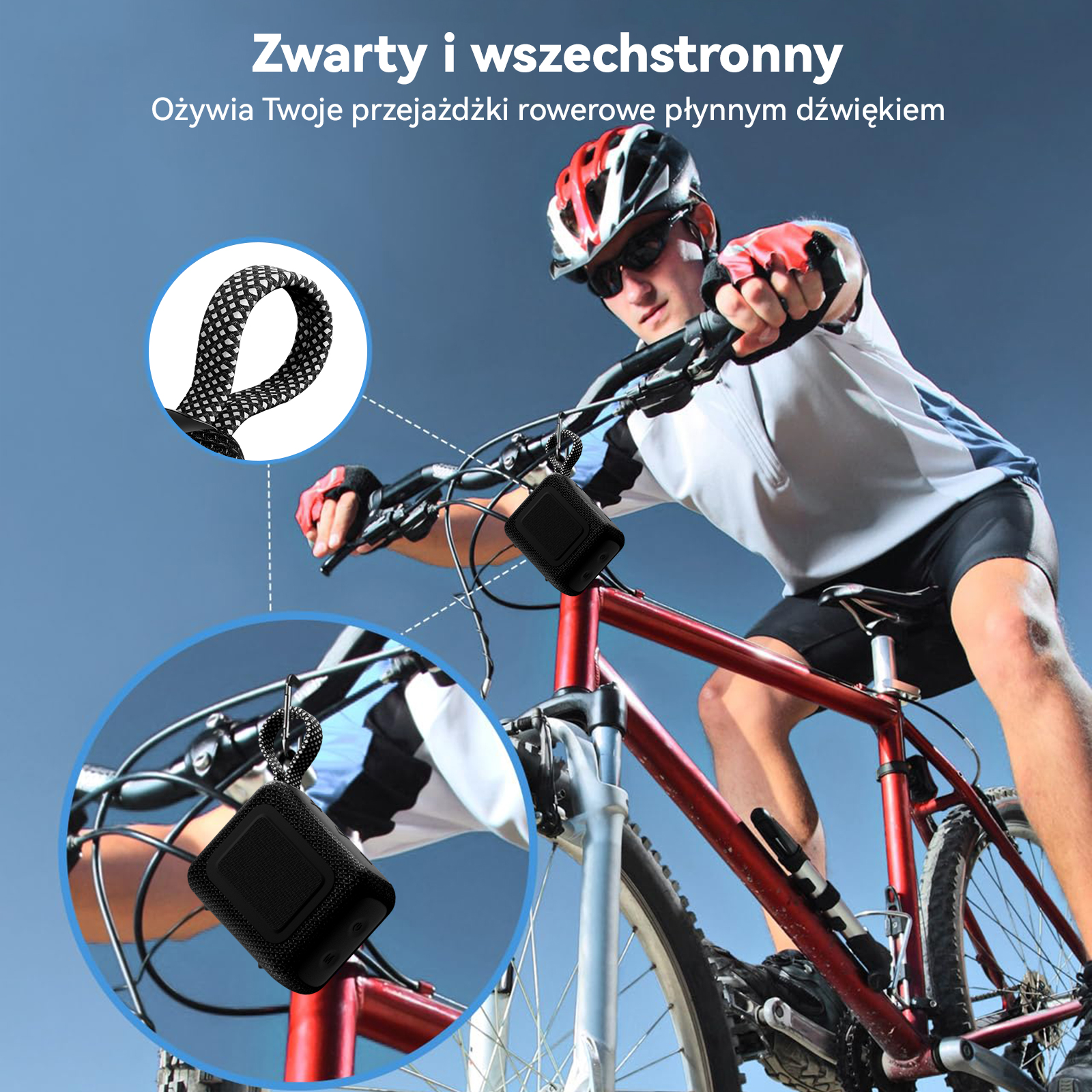 Kolarz w kasku i rękawiczkach, z głośnikiem przyczepionym do kierownicy.