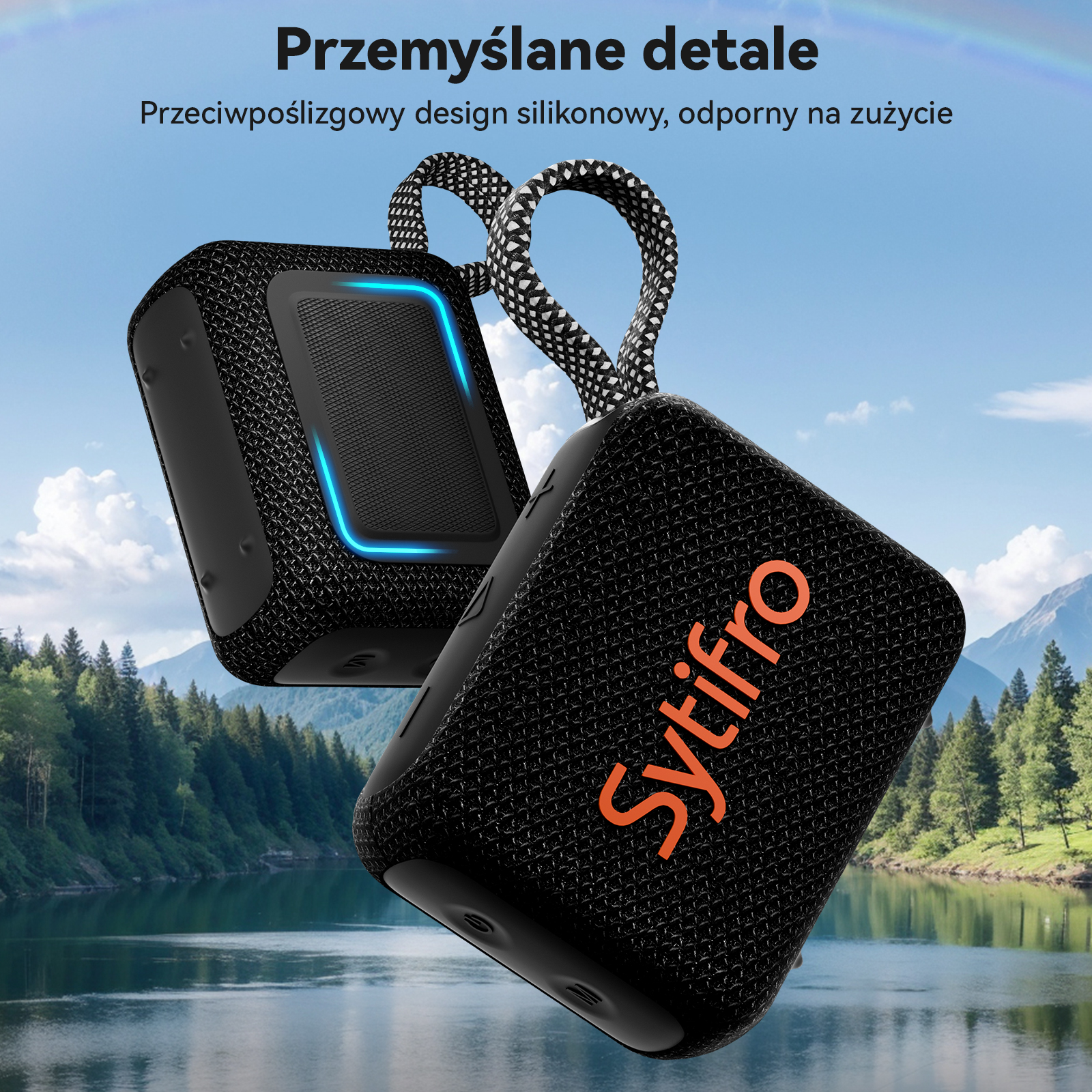 Dwa czarne głośniki z logo Sytifro na tle górskiego krajobrazu z jeziorem.