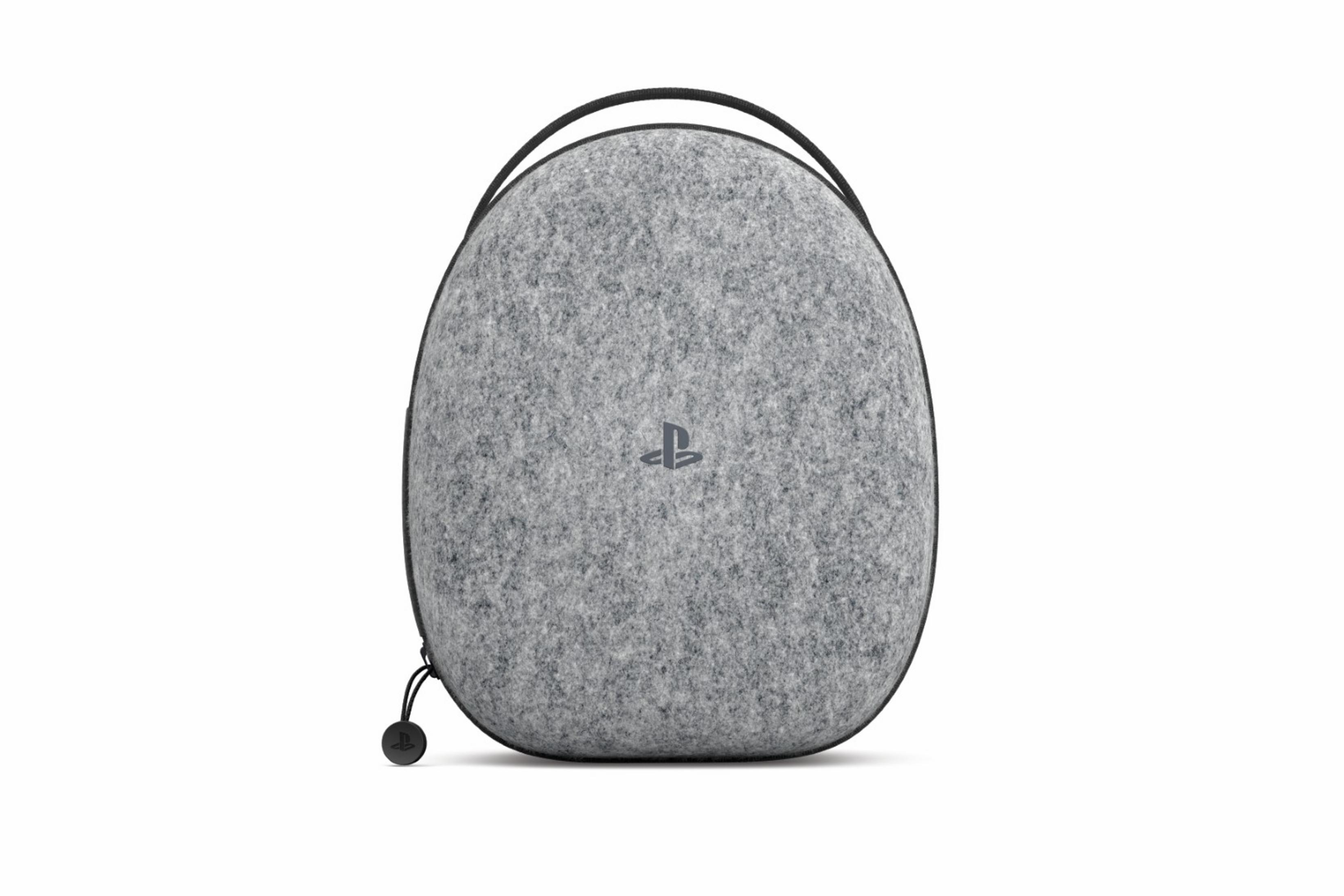 Custodia grigia in feltro con manico nero e simbolo PlayStation.