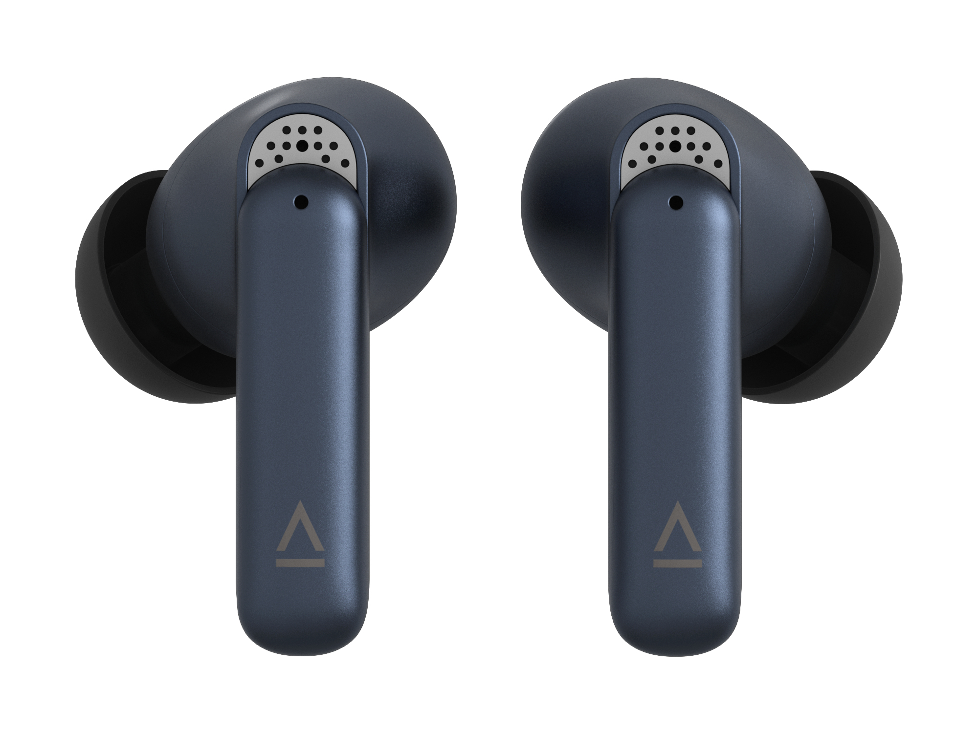 Due auricolari wireless blu scuro con logo a triangolo su sfondo bianco.