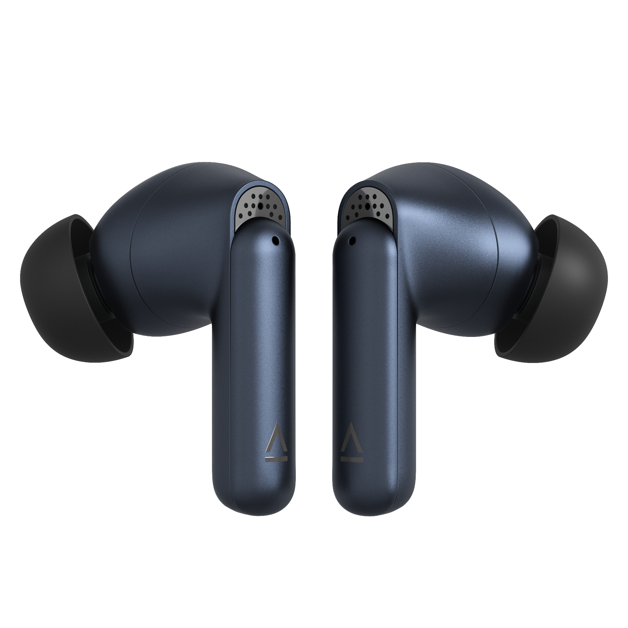 Due auricolari wireless blu scuro con punte nere, su sfondo bianco.