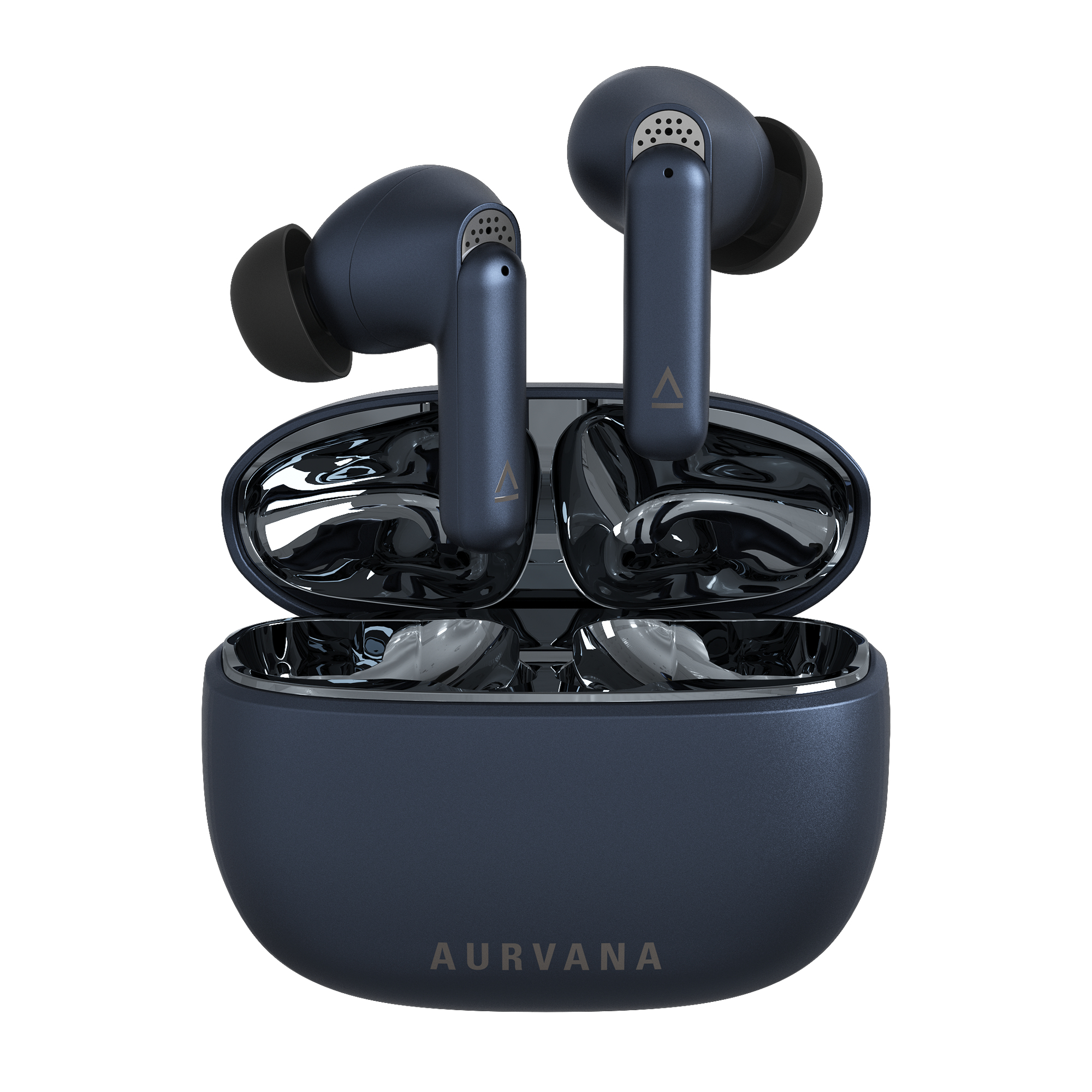 Auricolari wireless blu scuro in una custodia di ricarica aperta, sfondo bianco.