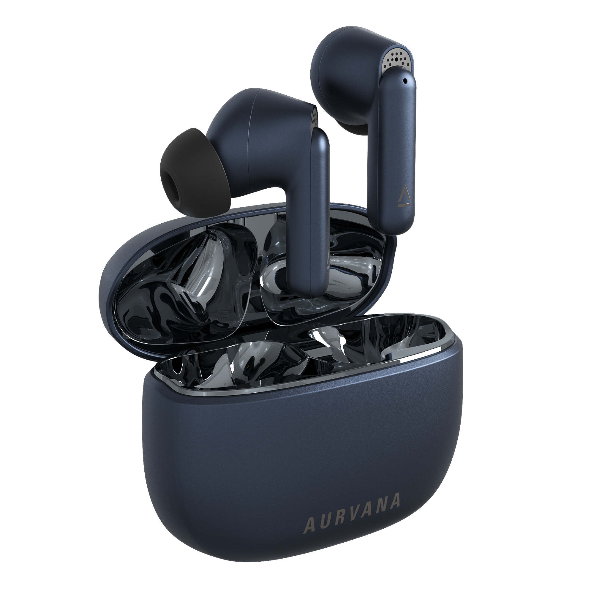 Auricolari wireless blu scuro con custodia di ricarica, su sfondo bianco.