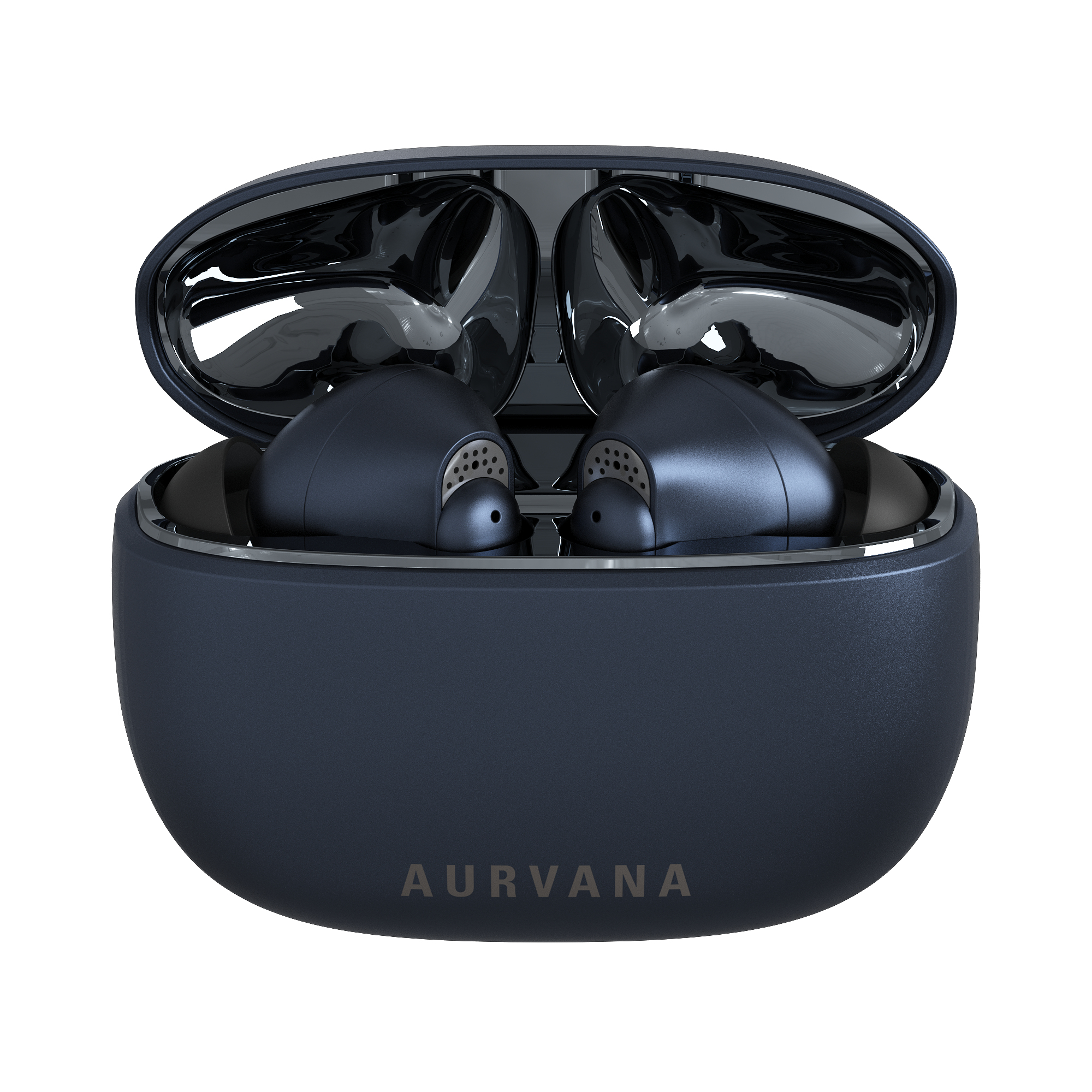Auricolari wireless blu scuro in una custodia di ricarica aperta, sfondo bianco.