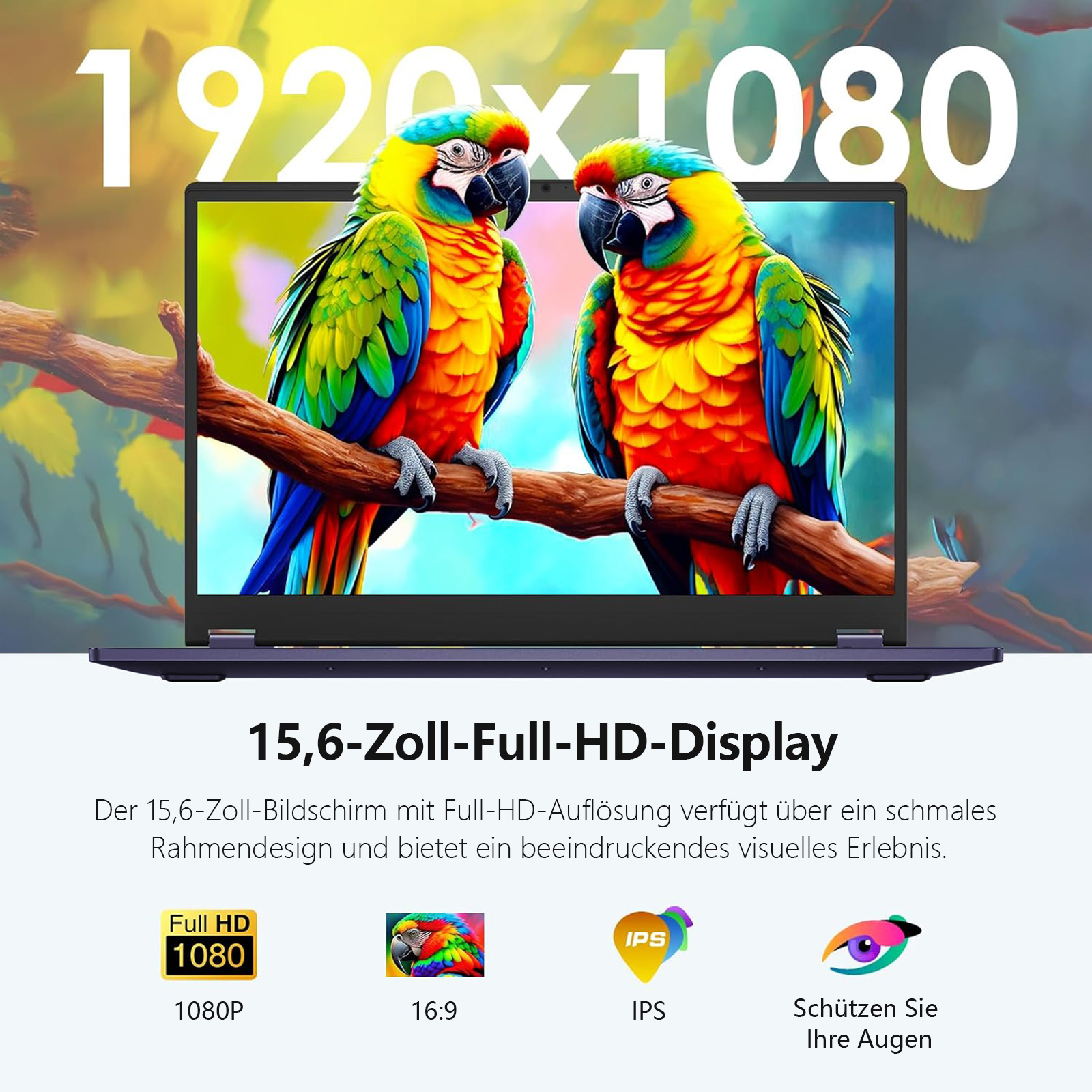 Zwei bunte Papageien auf einem Ast vor einem Laptop-Bildschirm mit 1920x1080 Auflösung.