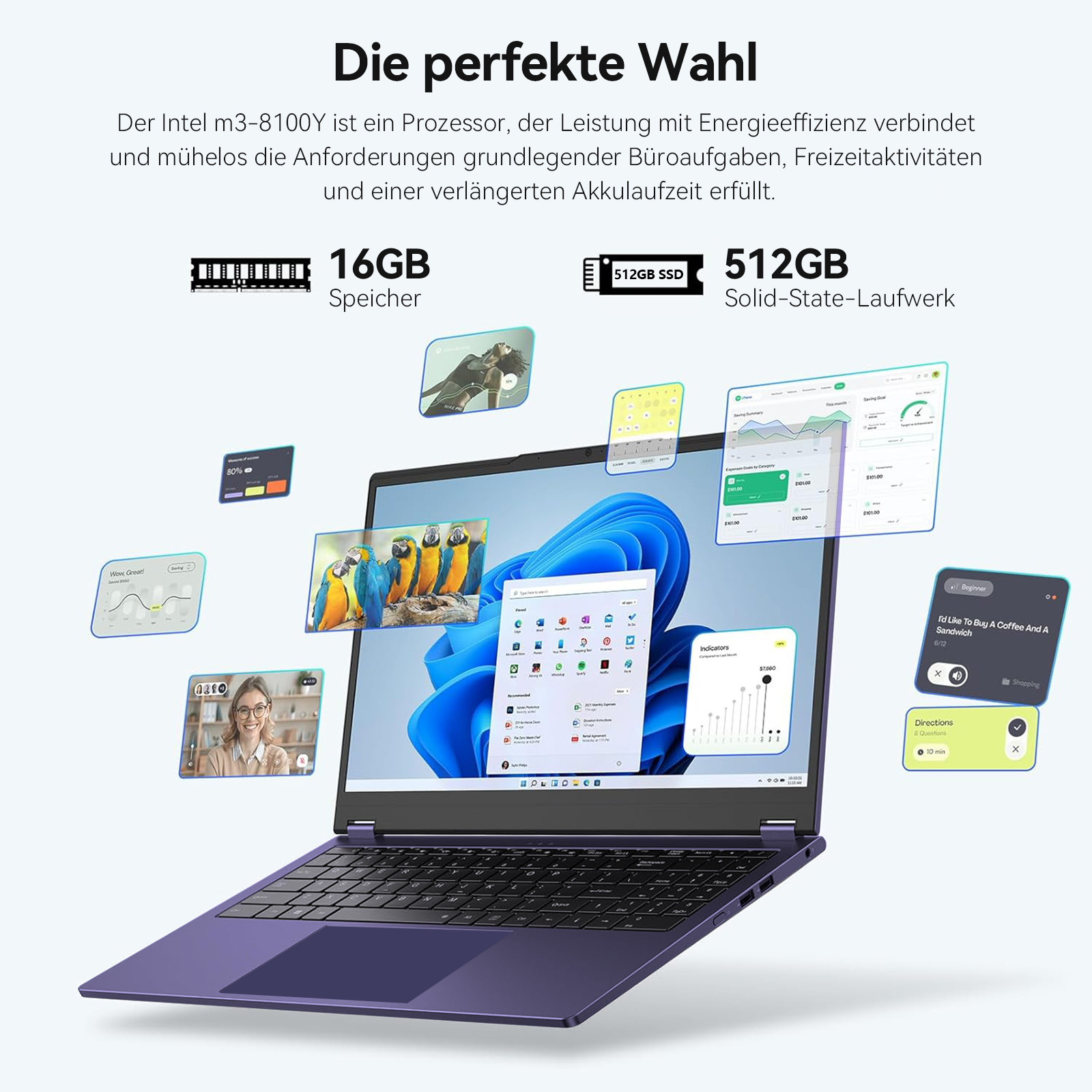 Ein violetter Laptop mit verschiedenen Apps und Spezifikationen wie 16GB Speicher.