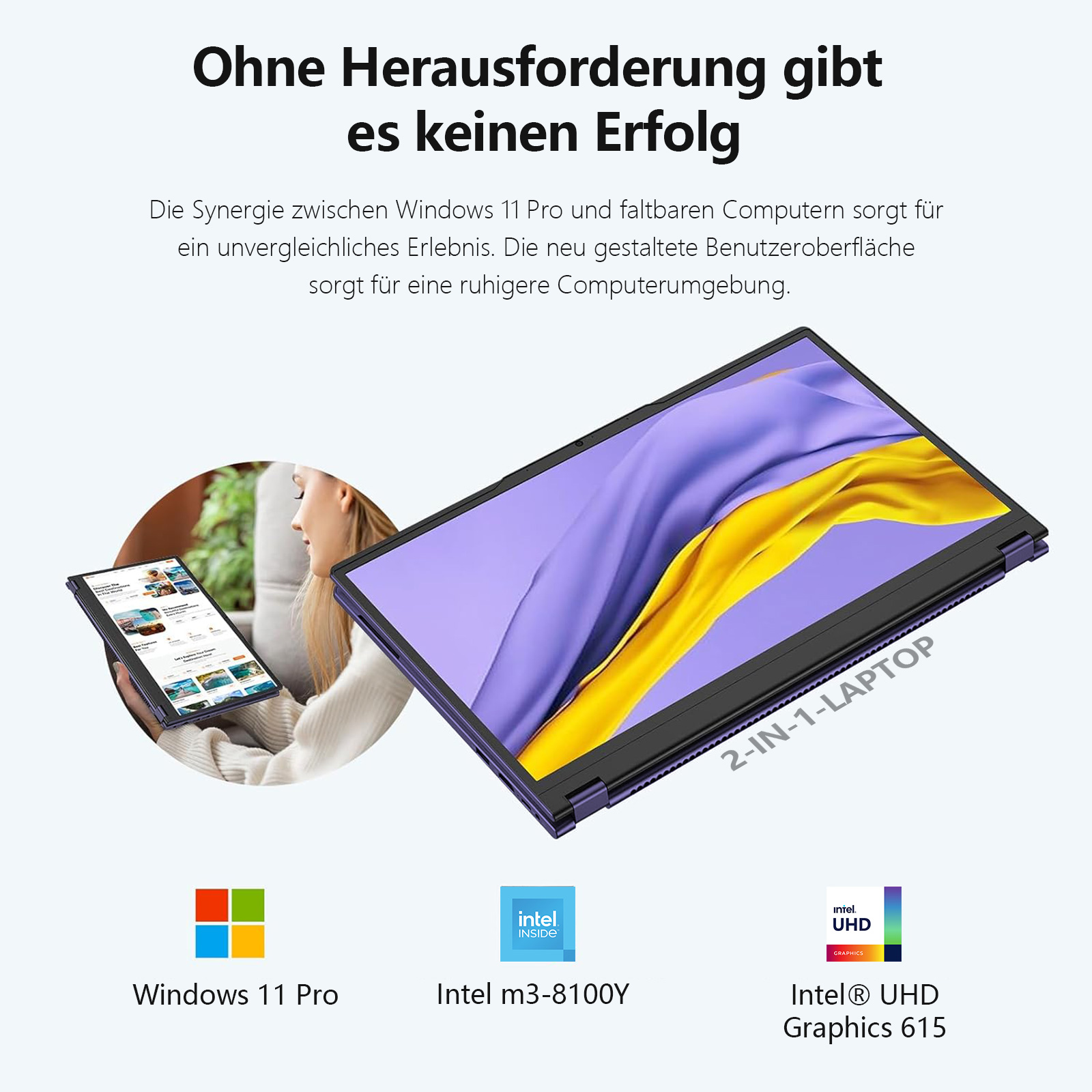 Ein 2-in-1-Laptop mit Windows 11 Pro und Intel Grafik wird gezeigt.