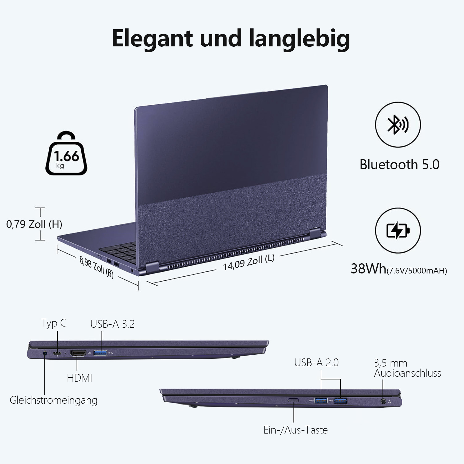 Lila Laptop mit Maßen und Anschlüssen: 1,66kg, H 0,79 Zoll, B 8,98 Zoll, L 14,09 Zoll.