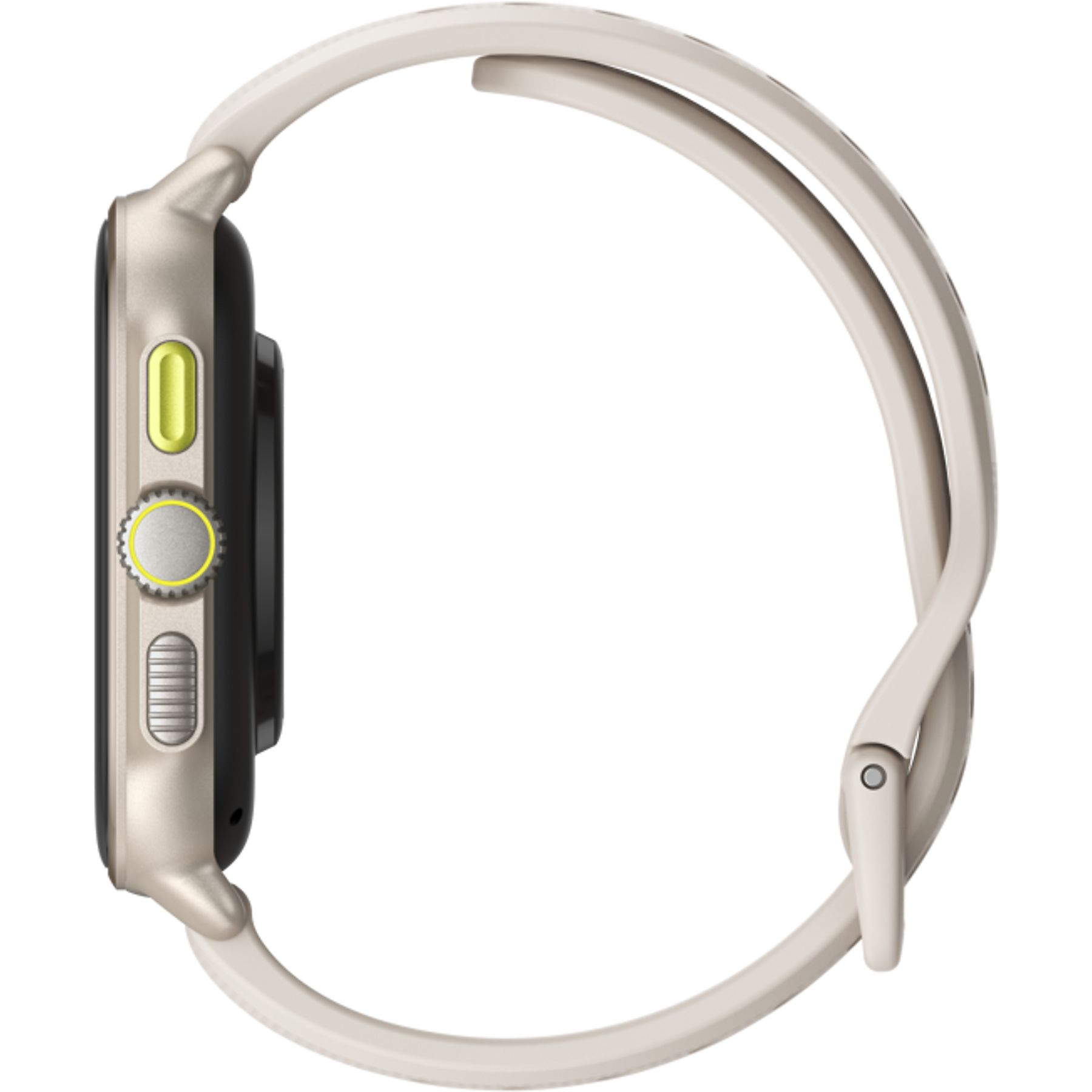 Beżowy smartwatch z srebrną tarczą i żółtym przyciskiem.