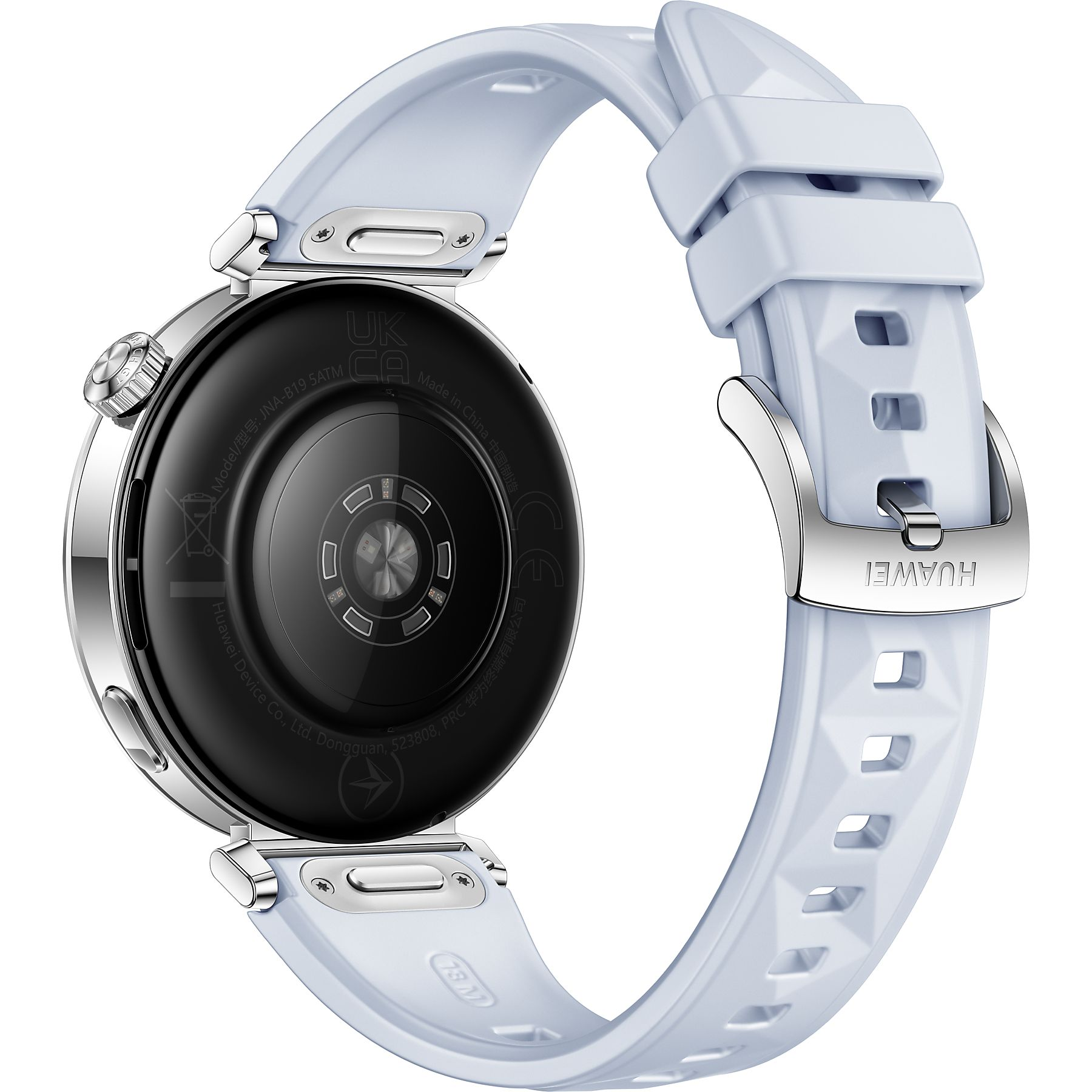 Een lichtblauwe smartwatch met zilveren accenten en een zwarte achterkant.