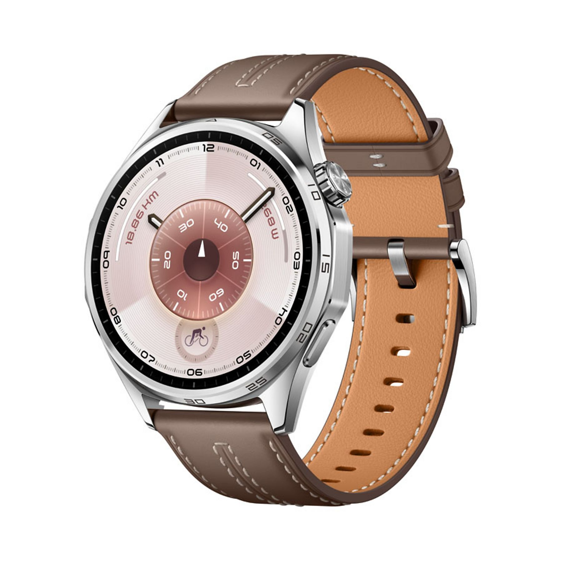 Een zilverkleurig smartwatch met bruine leren band en roze wijzerplaat.