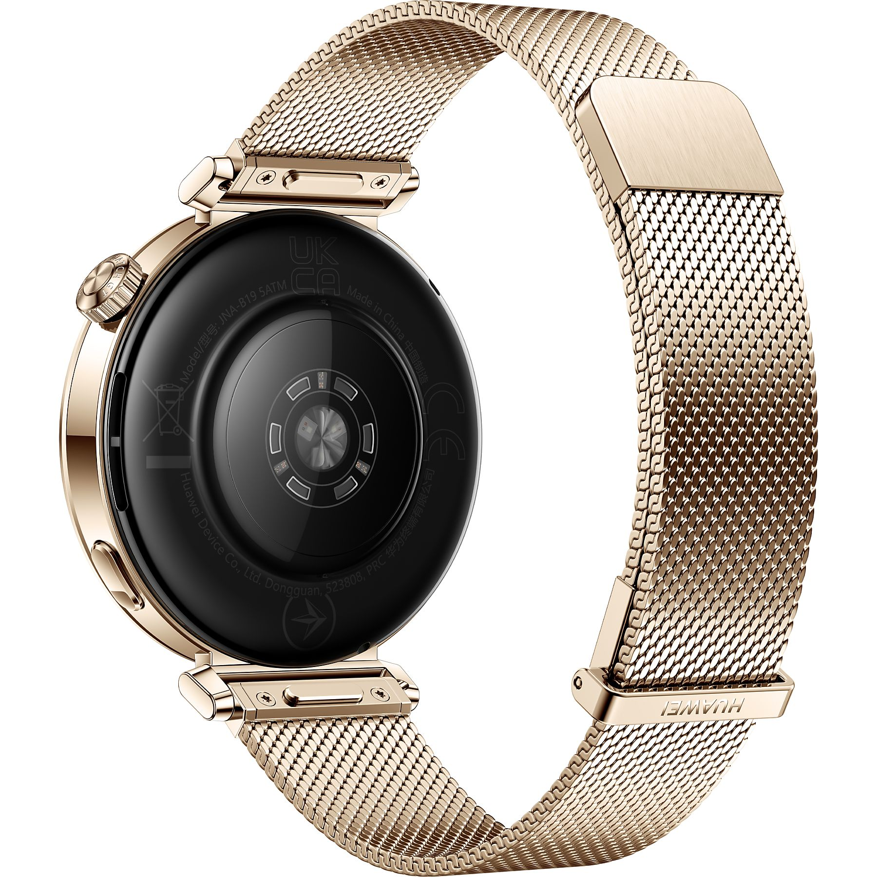 Gouden smartwatch met mesh band, achterkant toont details