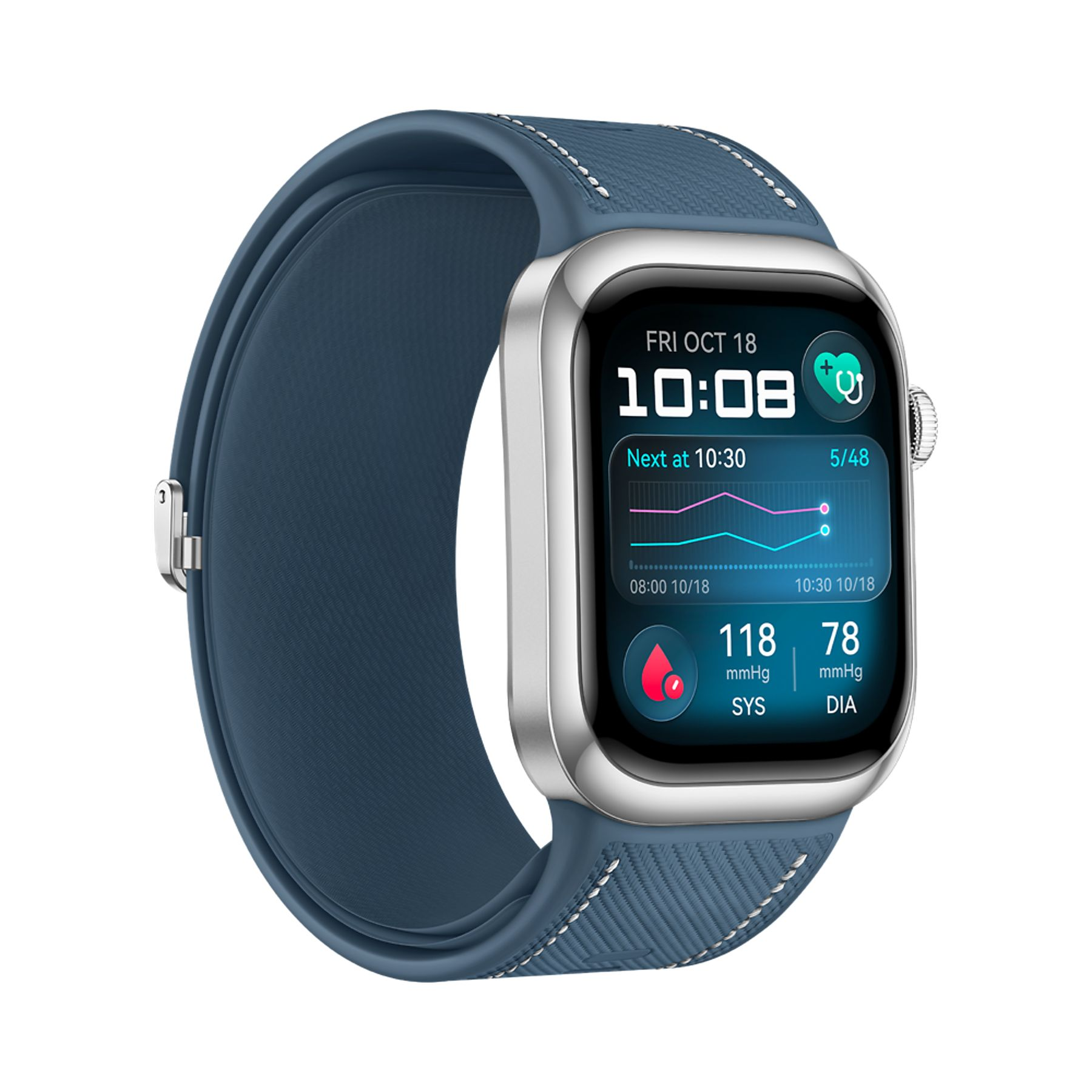 Niebieski smartwatch ze srebrną obudową pokazuje godzinę, datę i ciśnienie krwi.