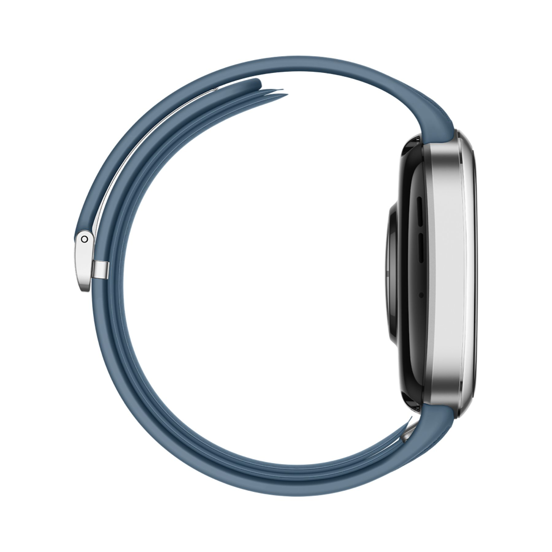 Granatowo-niebieski smartwatch ze srebrną obudową i paskiem, widziany z boku.