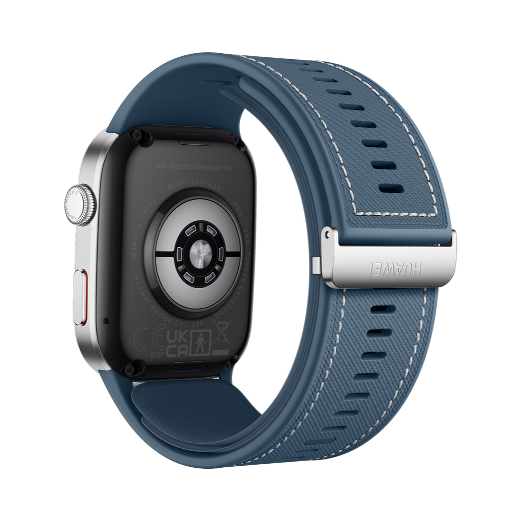 Niebieski smartwatch ze srebrną obudową i logo Huawei na klamrze.