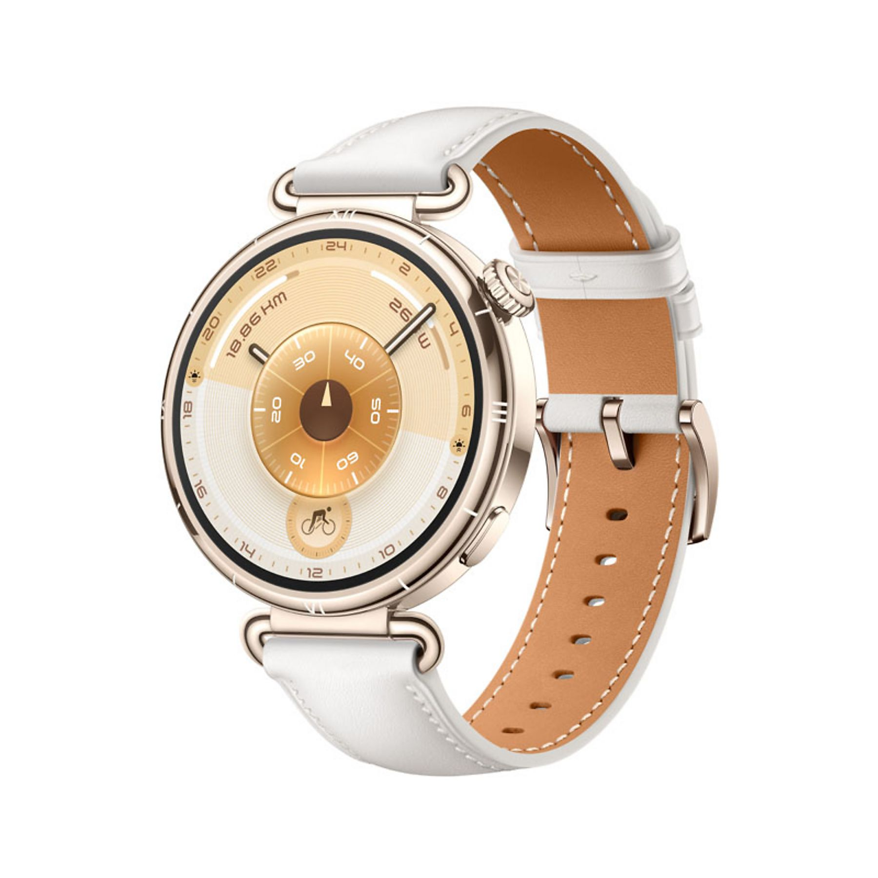 Un elegante orologio da polso con cinturino in pelle bianca e quadrante dorato.