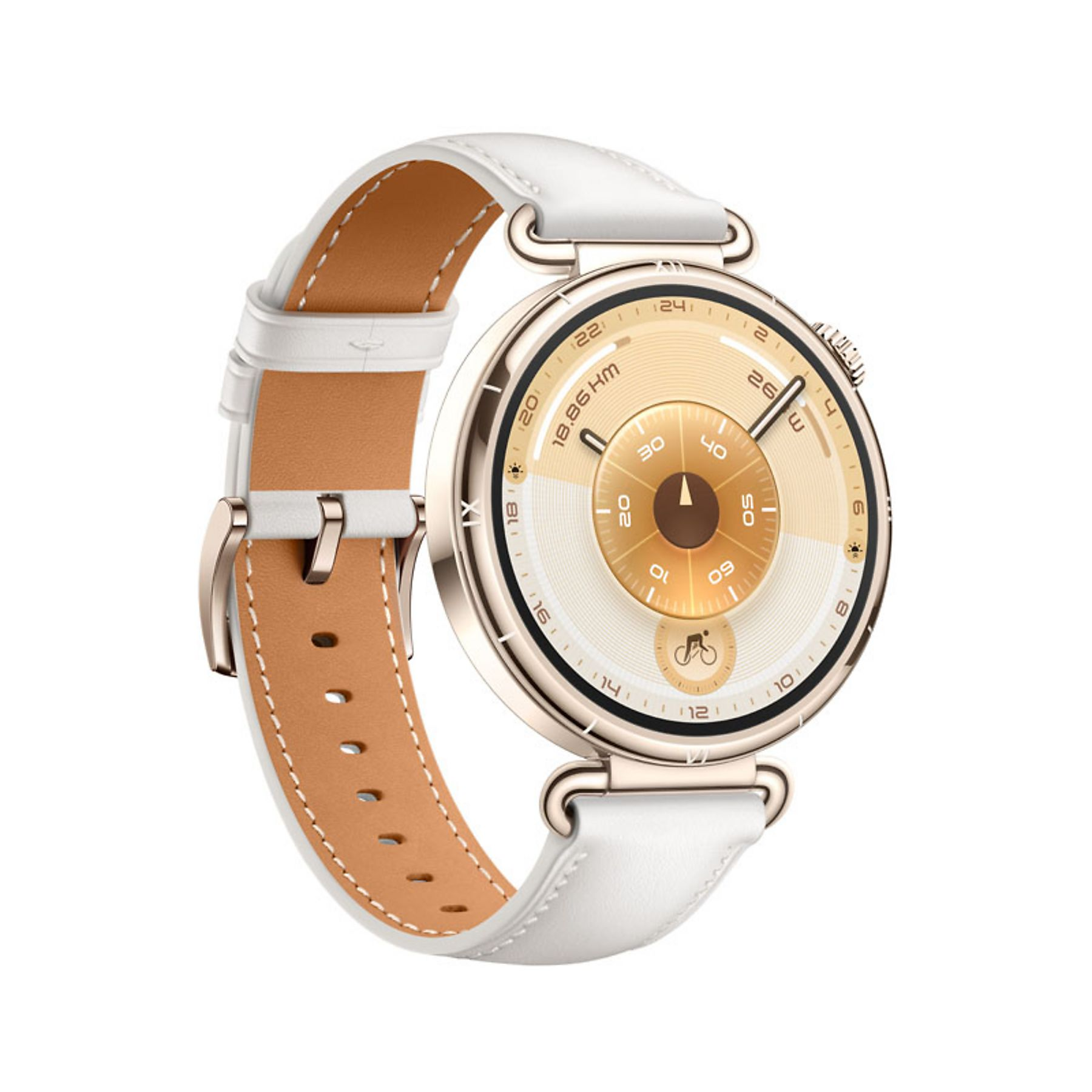 Uno smartwatch bianco con quadrante dorato e cinturino in pelle marrone.