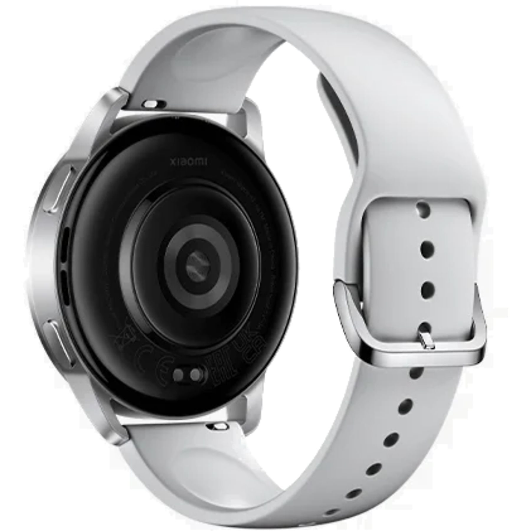 Rückseite einer weißen Smartwatch mit silbernem Gehäuse und Armband.