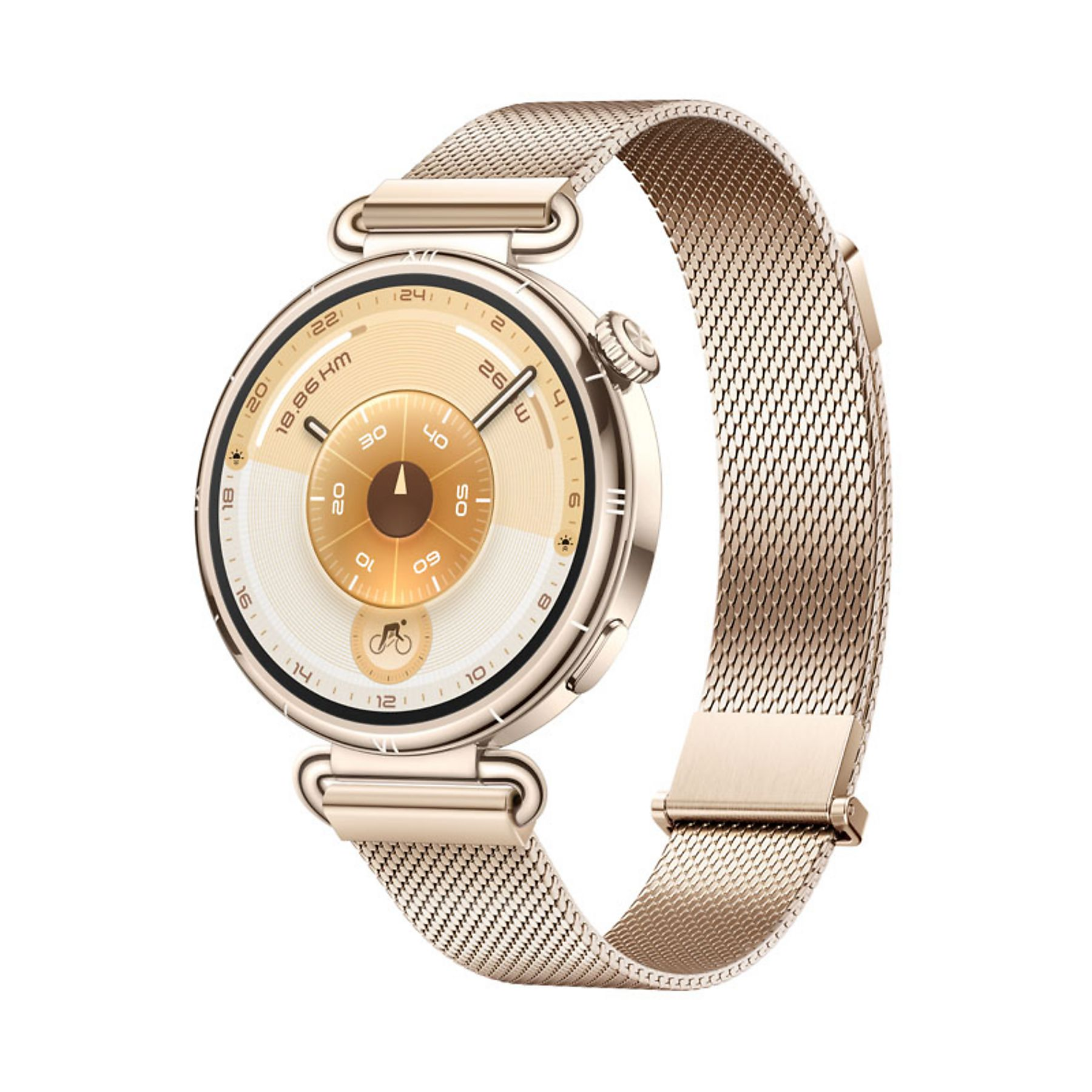 Een gouden smartwatch met een mesh band. Het wijzerplaat toont 18,86 km.