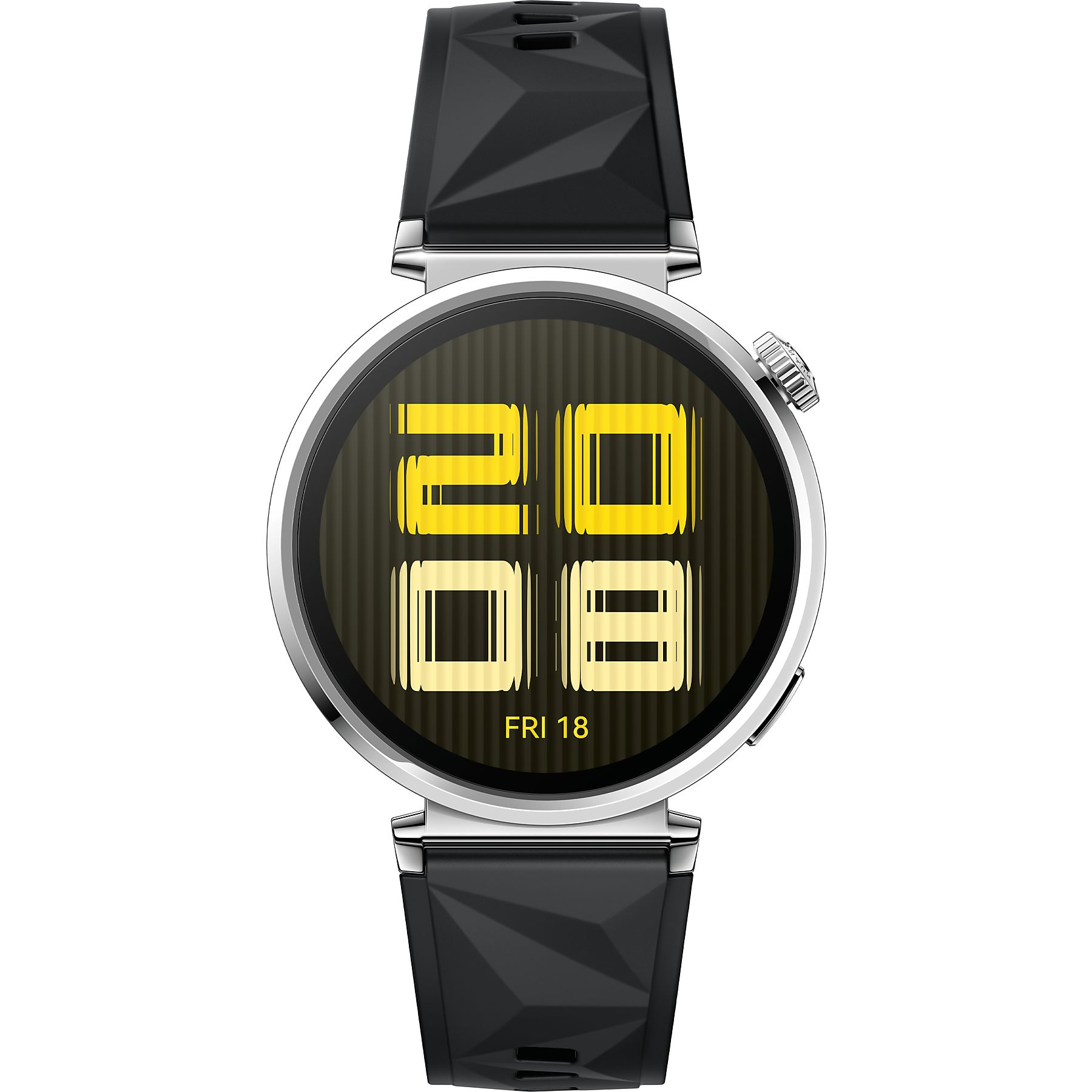 Zbliżenie smartwatcha z czarnym paskiem i srebrną kopertą. Zegarek pokazuje 20:08.