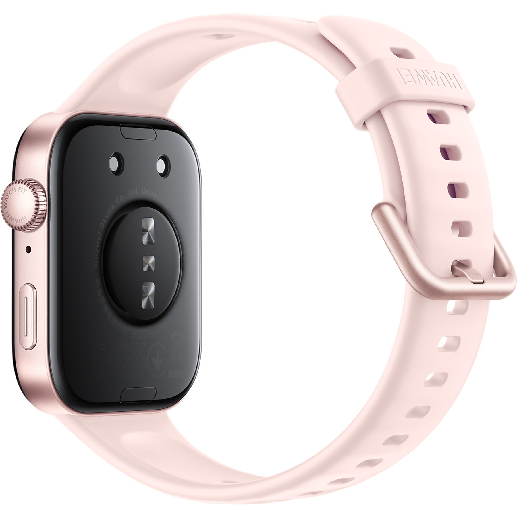 Ein rosa Smartwatch-Armband mit einem schwarzen Gehäuse und Ladekontakten.