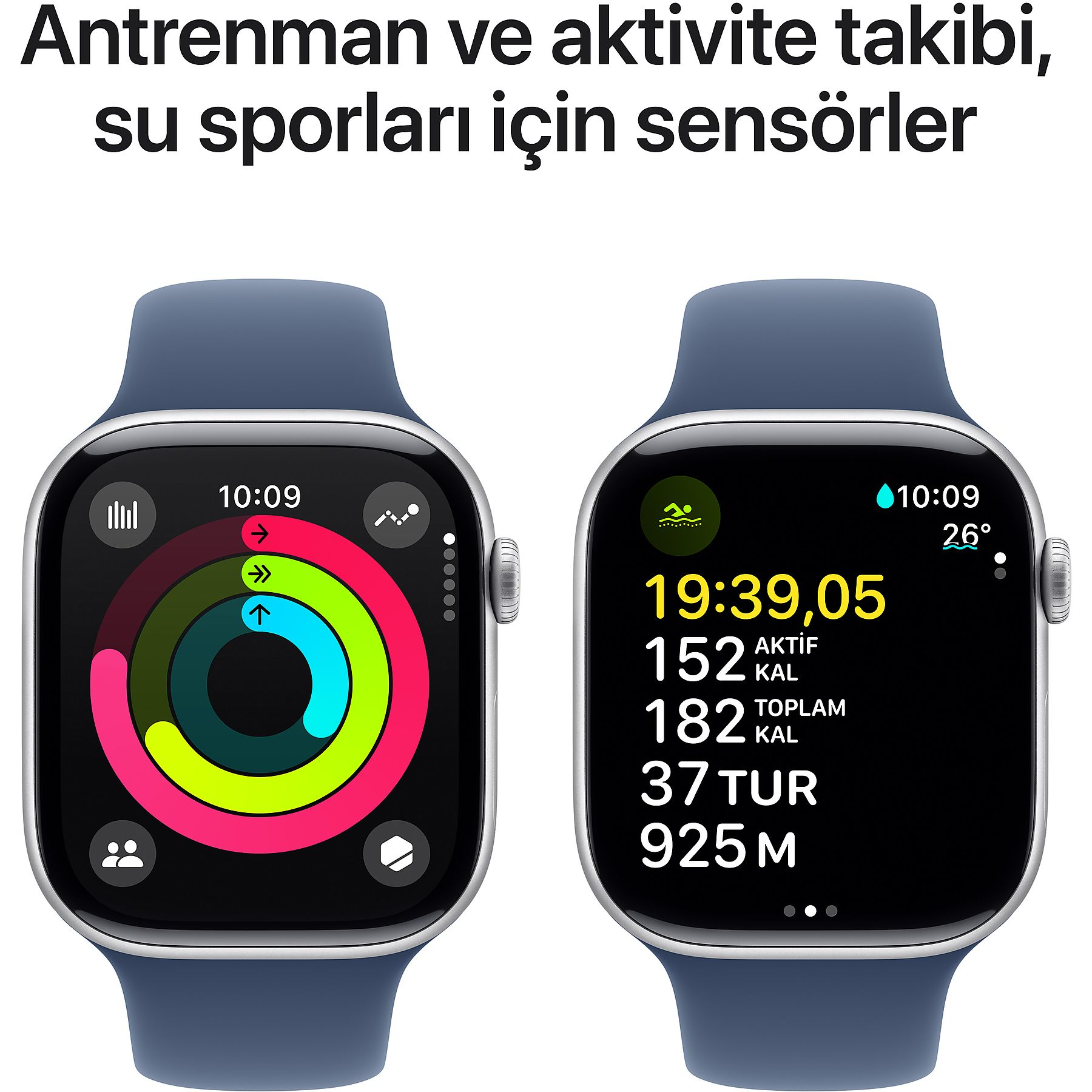 Aktivite halkalarını ve antrenman istatistiklerini gösteren iki mavi saat.