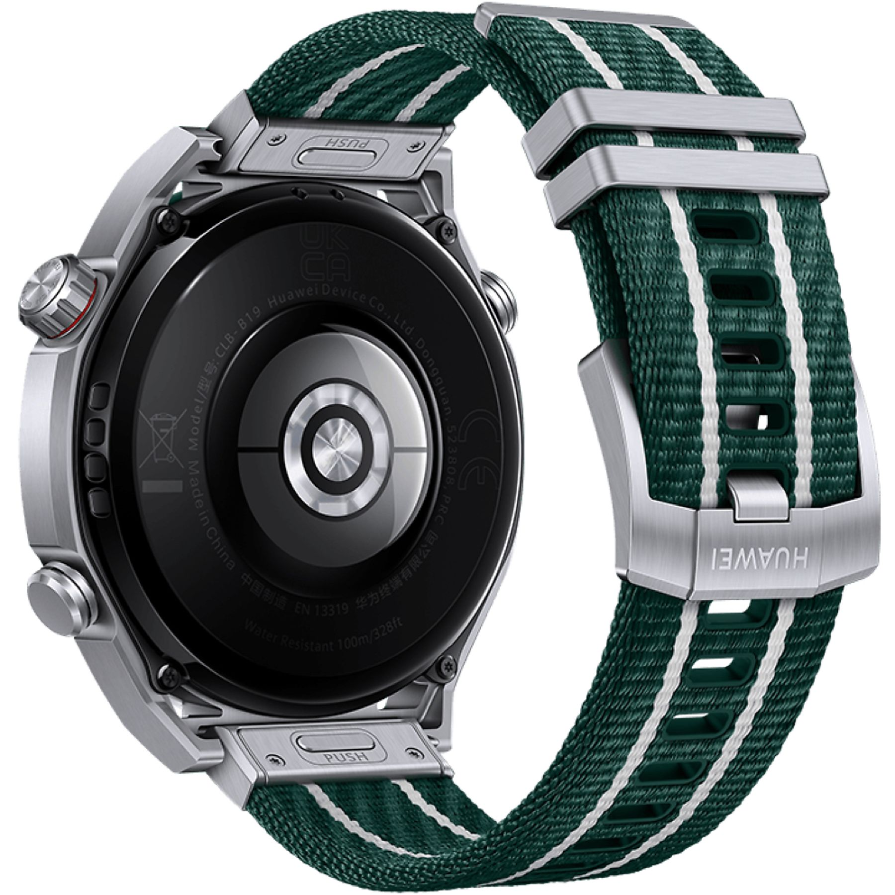 Rückseite einer Smartwatch mit silbernem Gehäuse, schwarzem Zifferblatt und grün-weiß gestreiftem Band.
