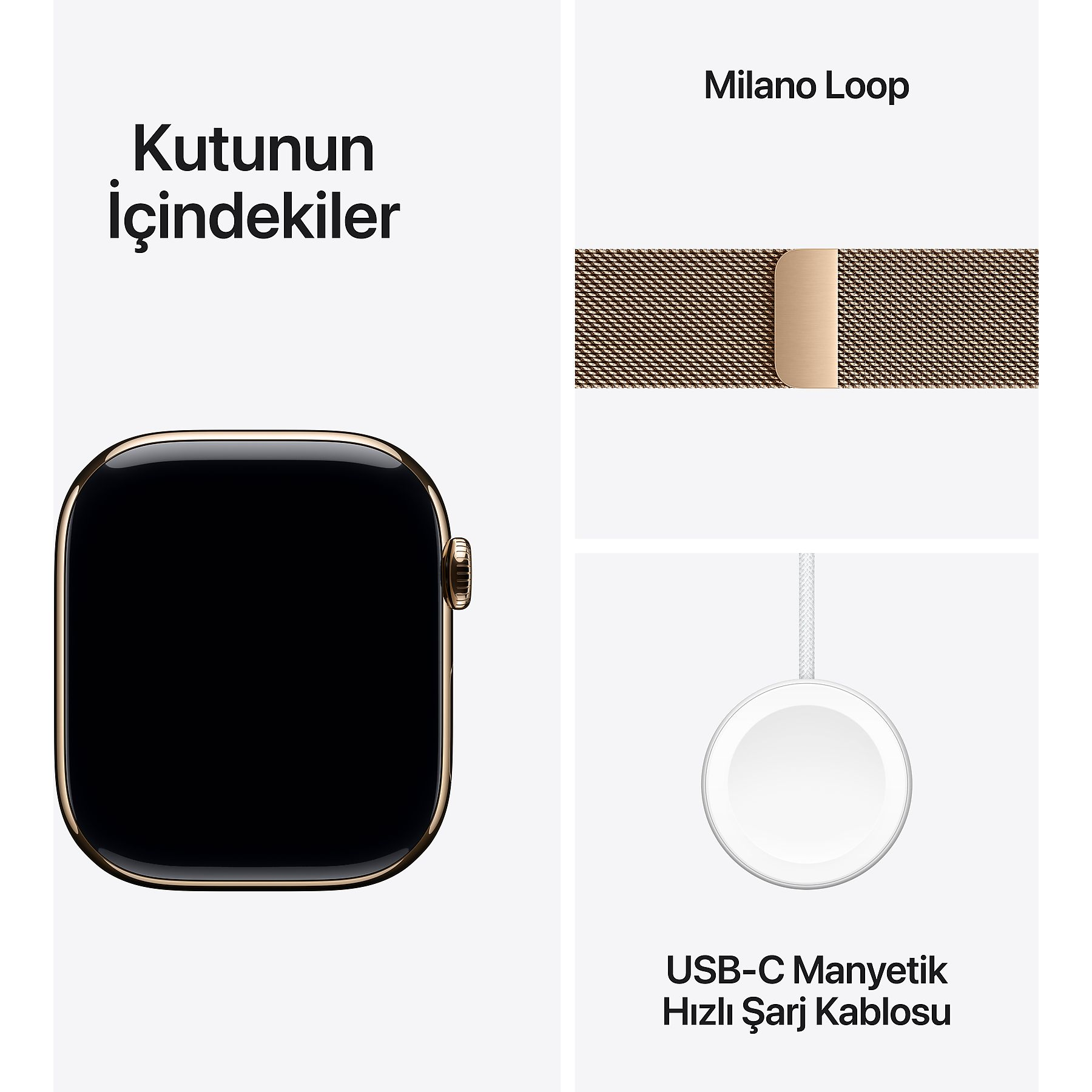 Siyah ekranlı altın rengi Apple Watch, Milano kordon ve şarj cihazı.